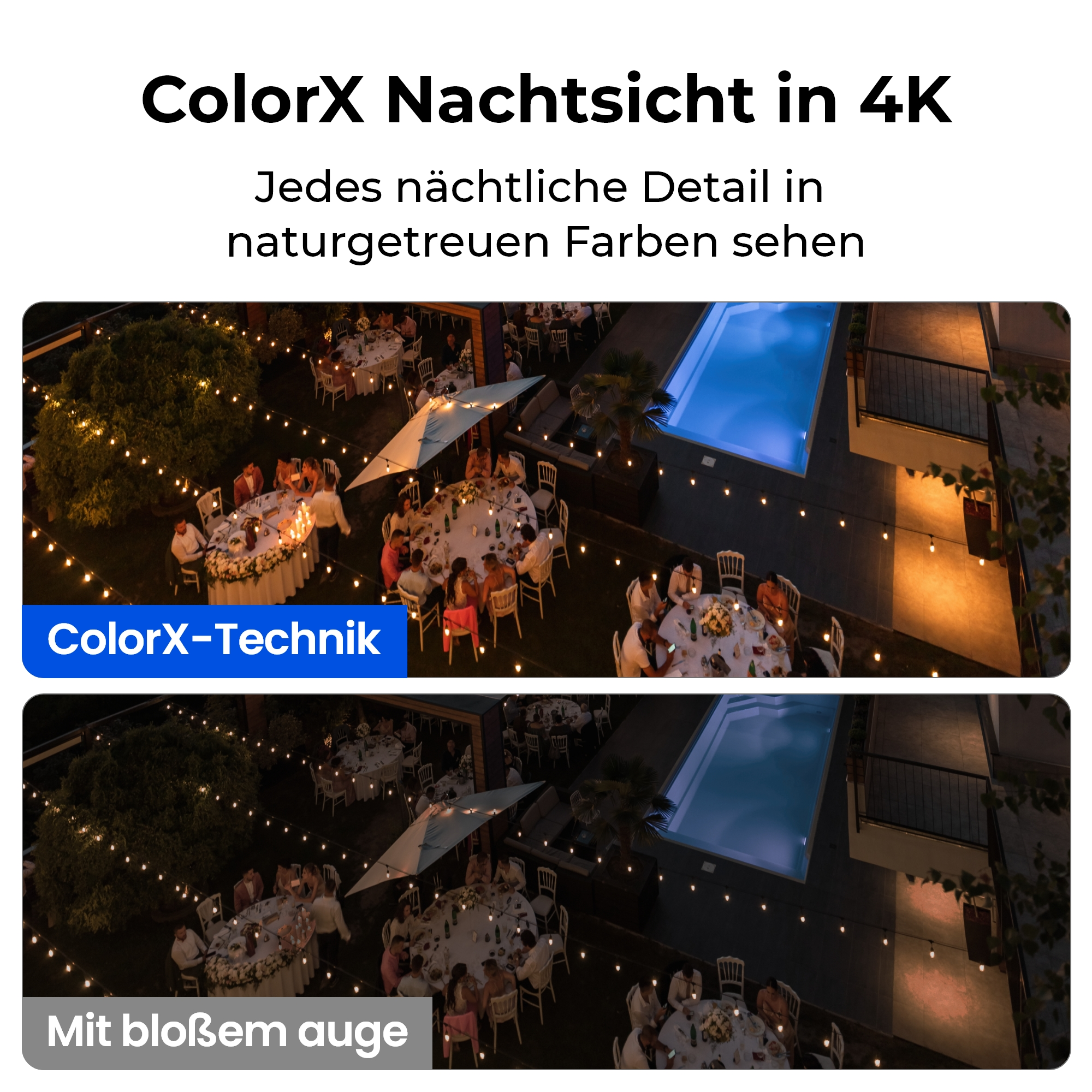 Nachtszenen mit Tischen, Menschen, Lichtern und einem Pool. Der Text lautet 'ColorX Nachtsicht in 4K'.