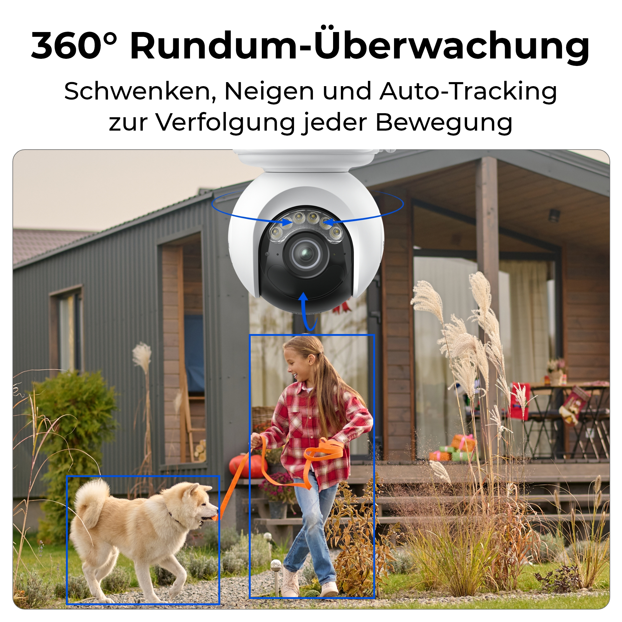 Eine Überwachungskamera überwacht ein Mädchen mit einem Hund. Das Mädchen hält eine Leine. Im Hintergrund ein Haus und Pflanzen.