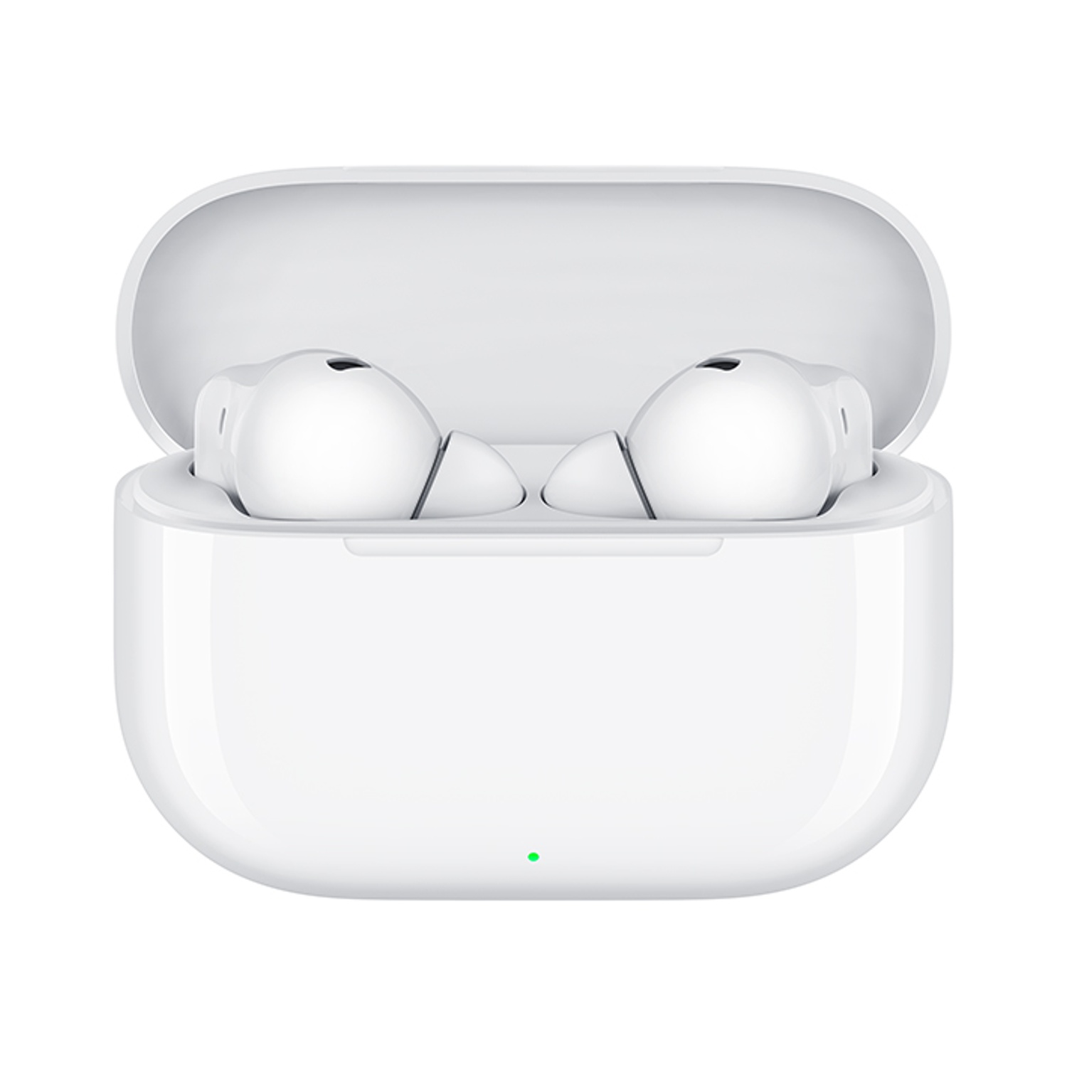 Auricolari wireless bianchi in una custodia di ricarica aperta. Una luce verde indica lo stato di carica. Lo sfondo è bianco.