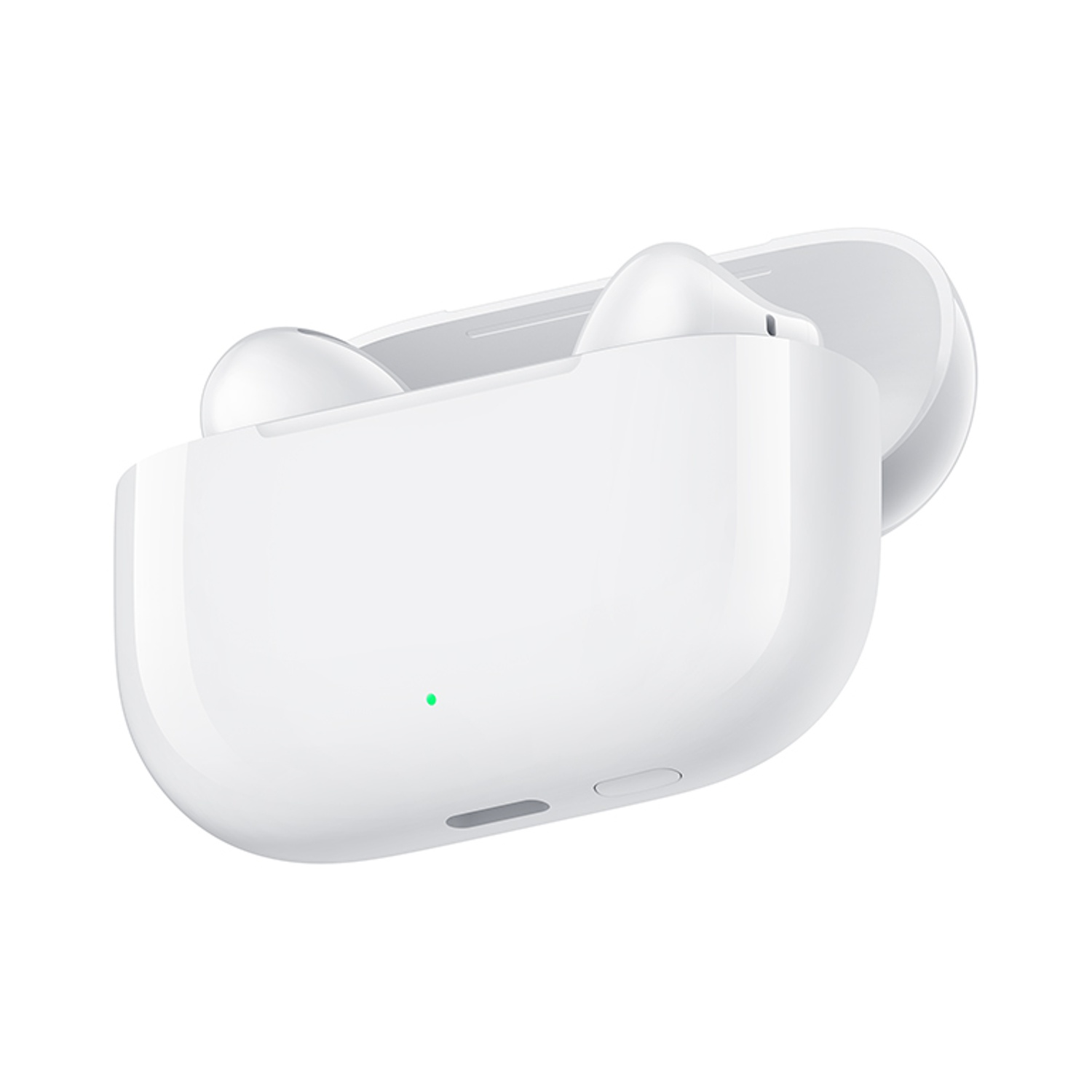 Auricolari wireless bianchi e custodia di ricarica su sfondo bianco. La custodia è aperta, mostrando gli auricolari.