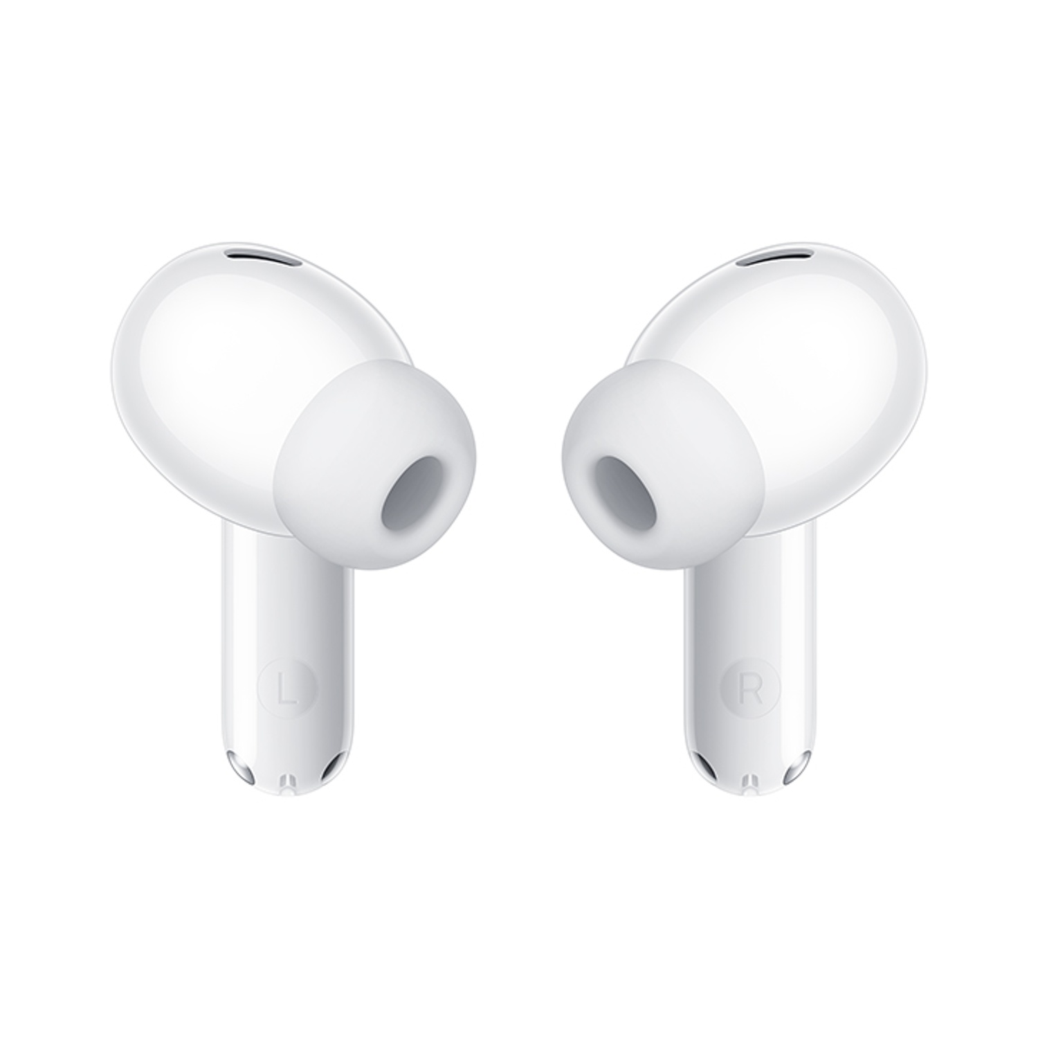 Due auricolari wireless bianchi su sfondo bianco. Uno contrassegnato con 'L', l'altro con 'R'. Ognuno ha una testa ovale e uno stelo cilindrico.