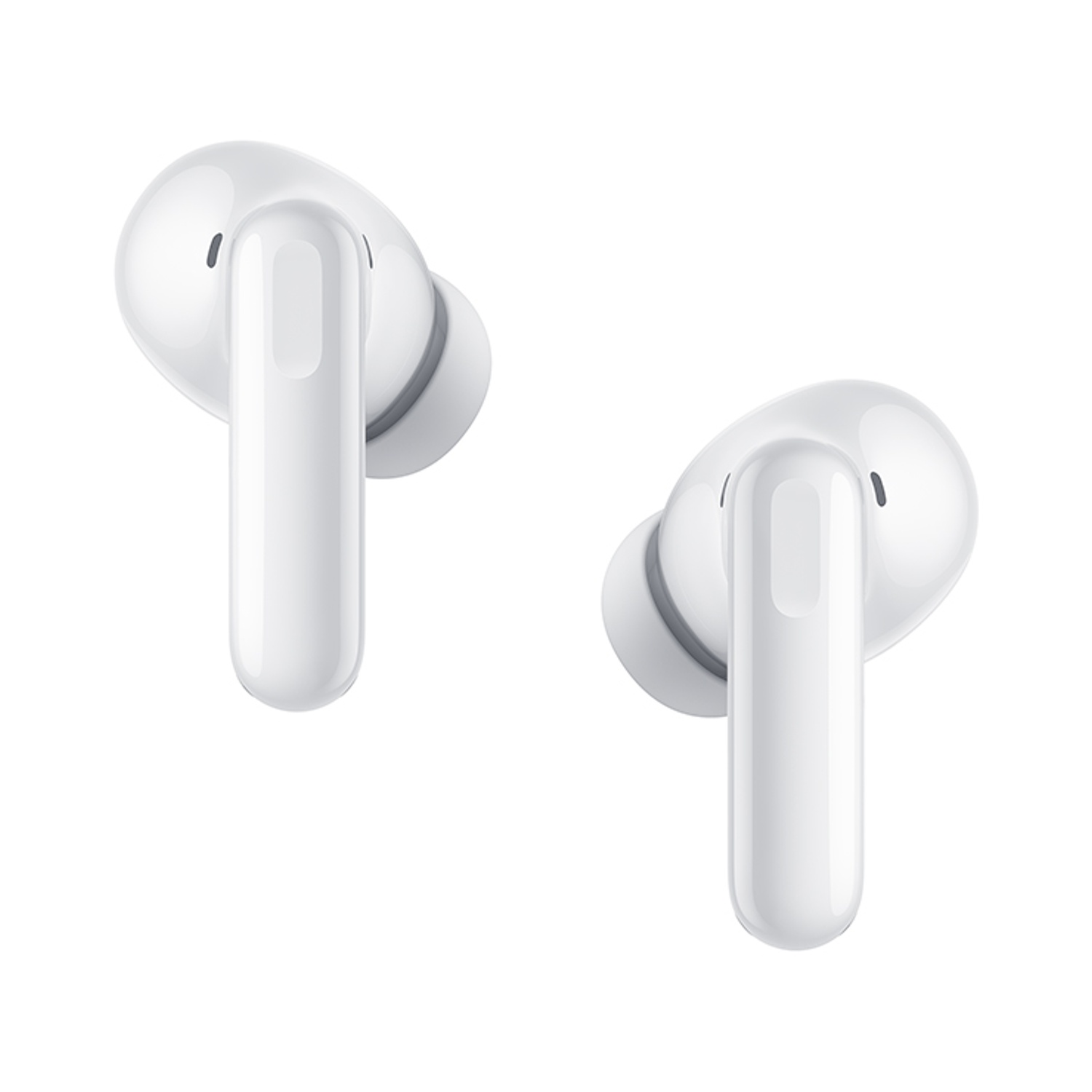 Due auricolari wireless bianchi. Ognuno ha un corpo arrotondato e un lungo stelo. Sono su sfondo bianco.