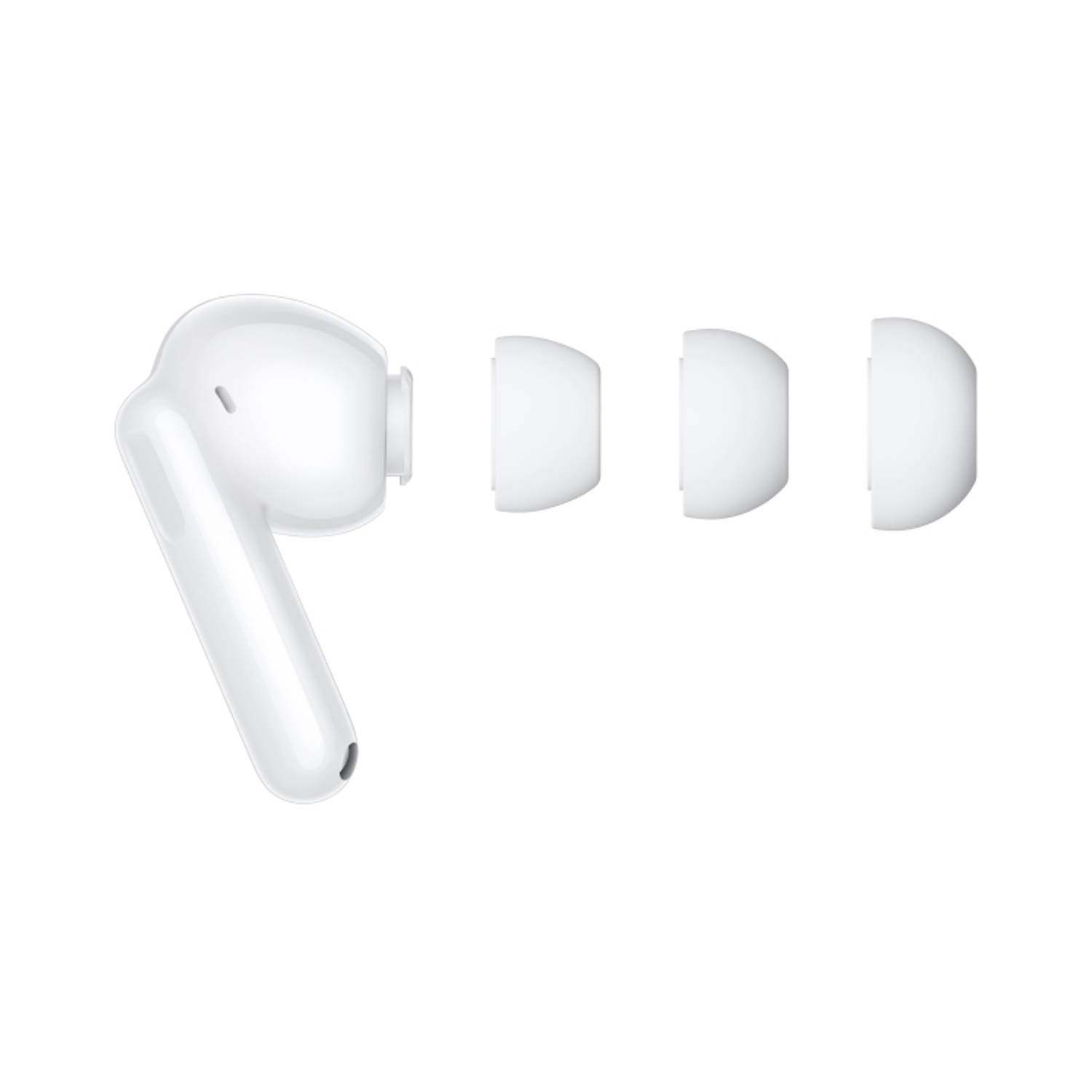 Un auricolare bianco con tre auricolari bianchi su sfondo bianco. L'auricolare è staccato.