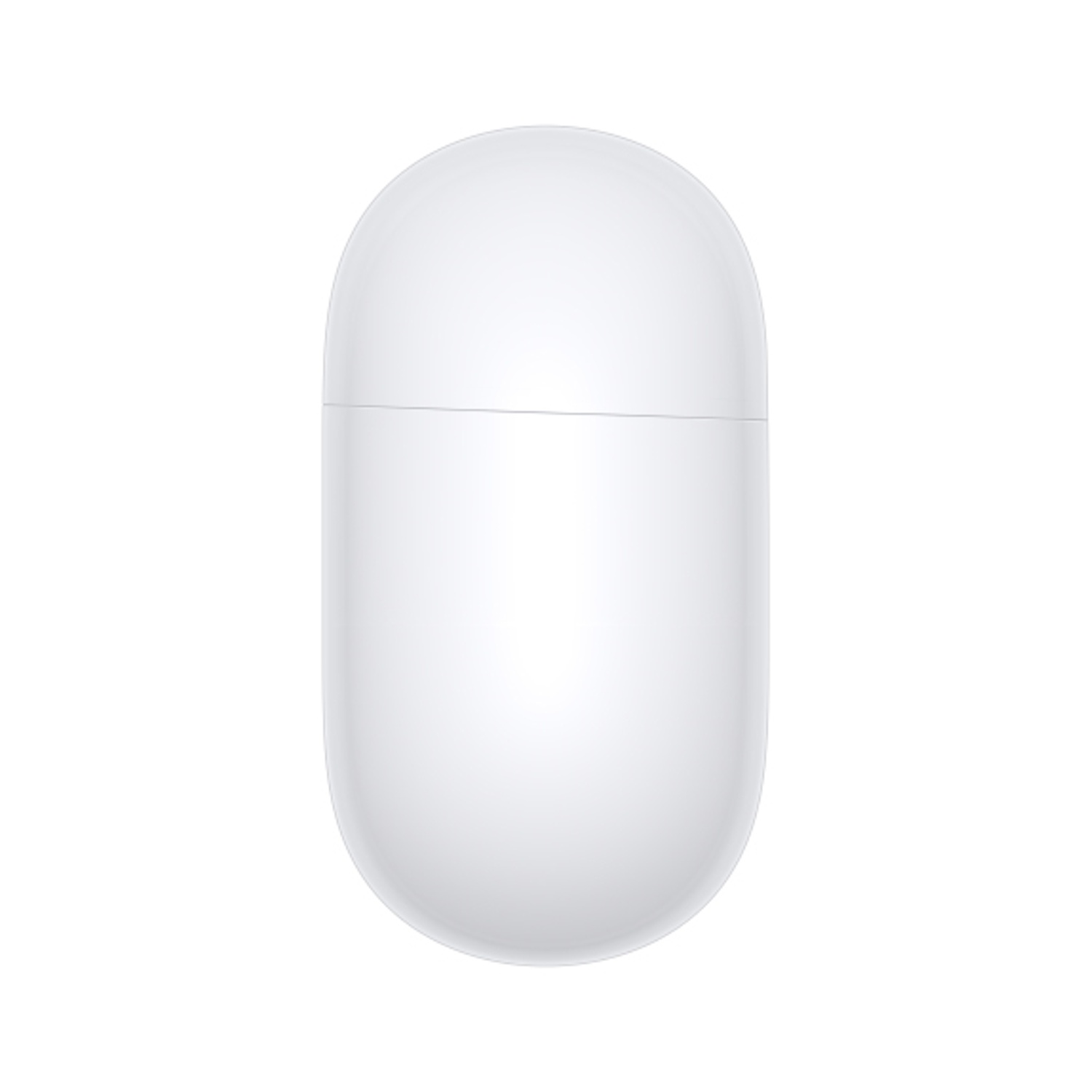 Un oggetto bianco a forma di capsula, probabilmente un contenitore, si erge su uno sfondo bianco. Ha una parte superiore e inferiore arrotondata.