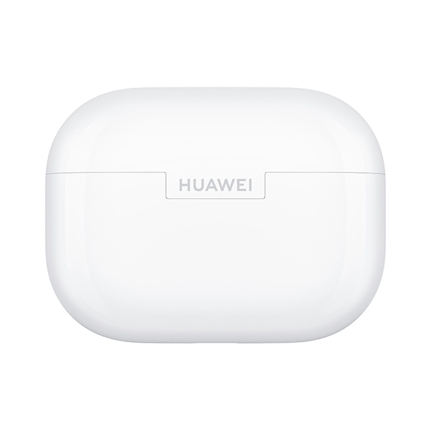 Una custodia di ricarica Huawei bianca. La custodia è rettangolare con bordi arrotondati e il marchio è stampato sul davanti.