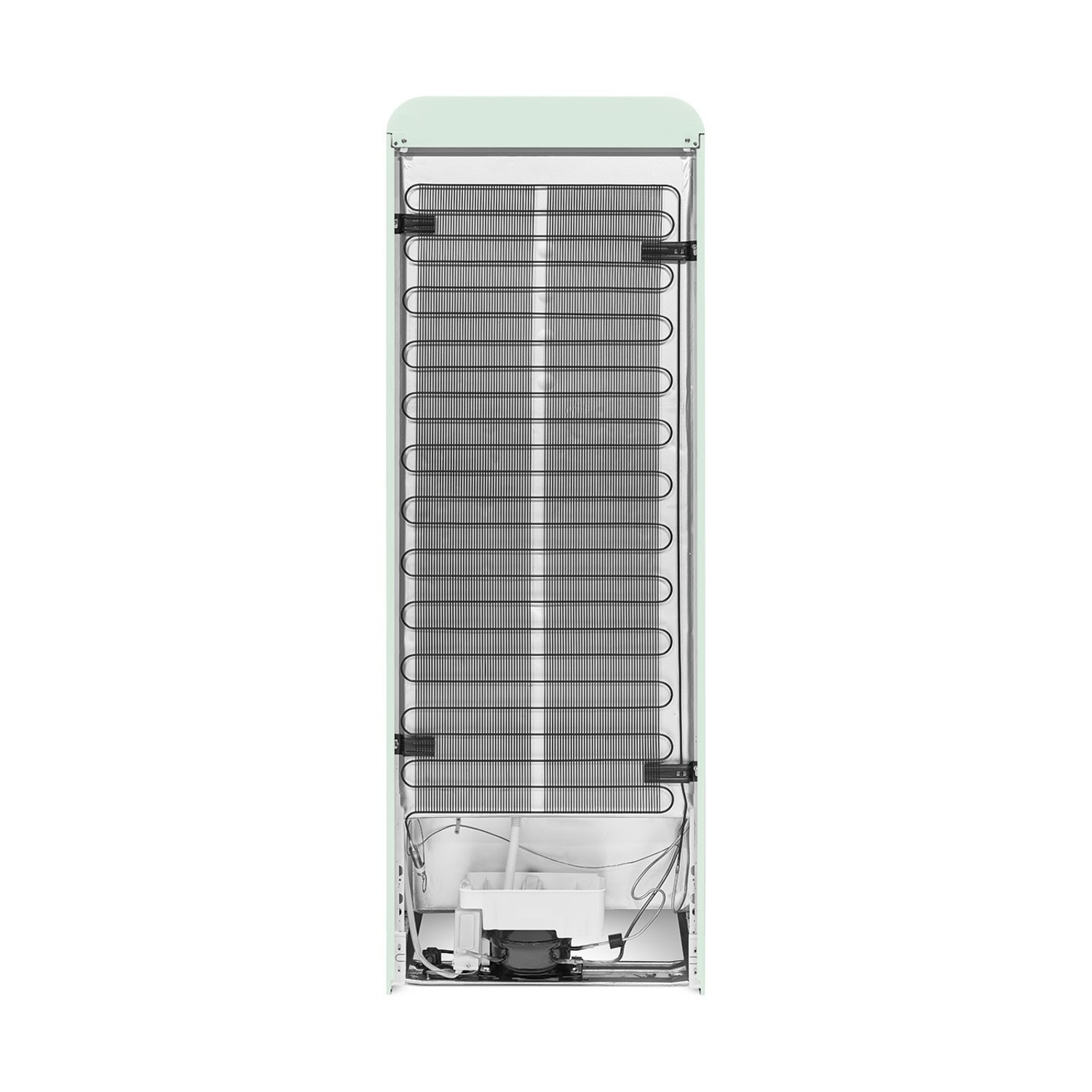 Retro frigorifero verde menta. Le bobine di raffreddamento nere dominano il centro. Il compressore e gli altri componenti sono in basso.
