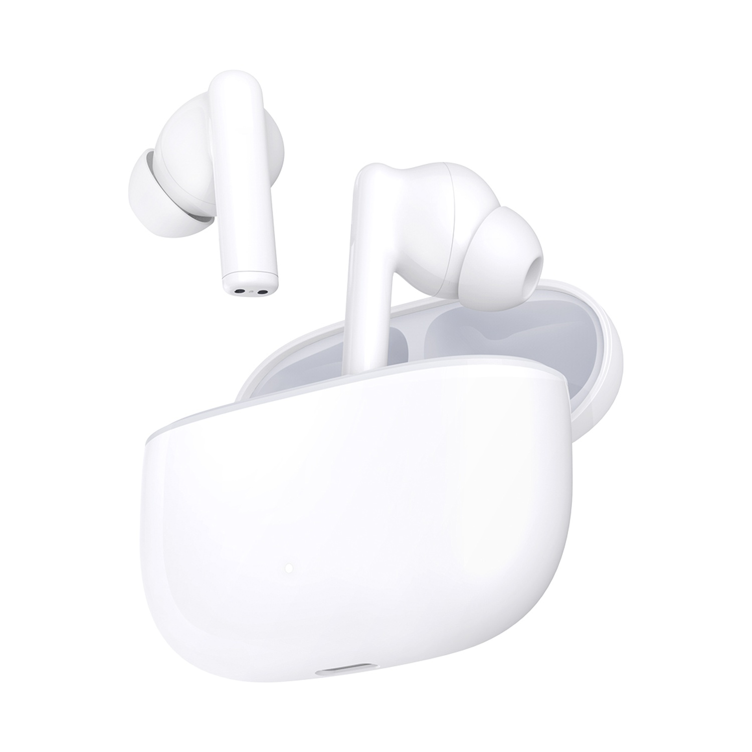 Auricolari wireless bianchi, uno nella custodia di ricarica, l'altro separato. La custodia è aperta. Tutto su sfondo bianco.
