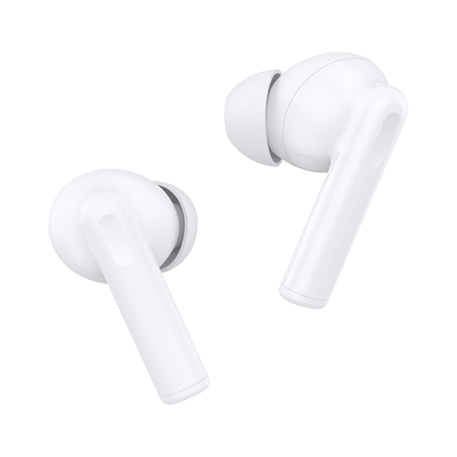 Due auricolari wireless bianchi su sfondo bianco. Uno è angolato, l'altro è leggermente più lontano.