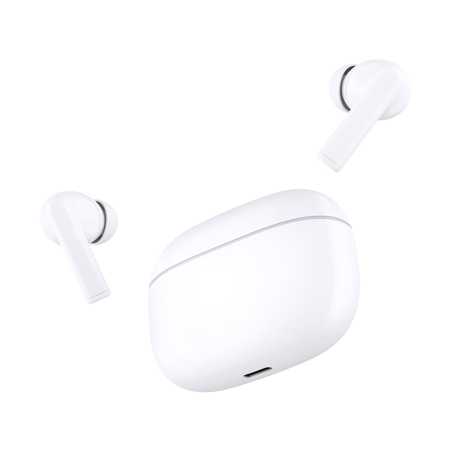 Auricolari wireless bianchi e custodia di ricarica su sfondo bianco. Due auricolari separati, uno nella custodia.