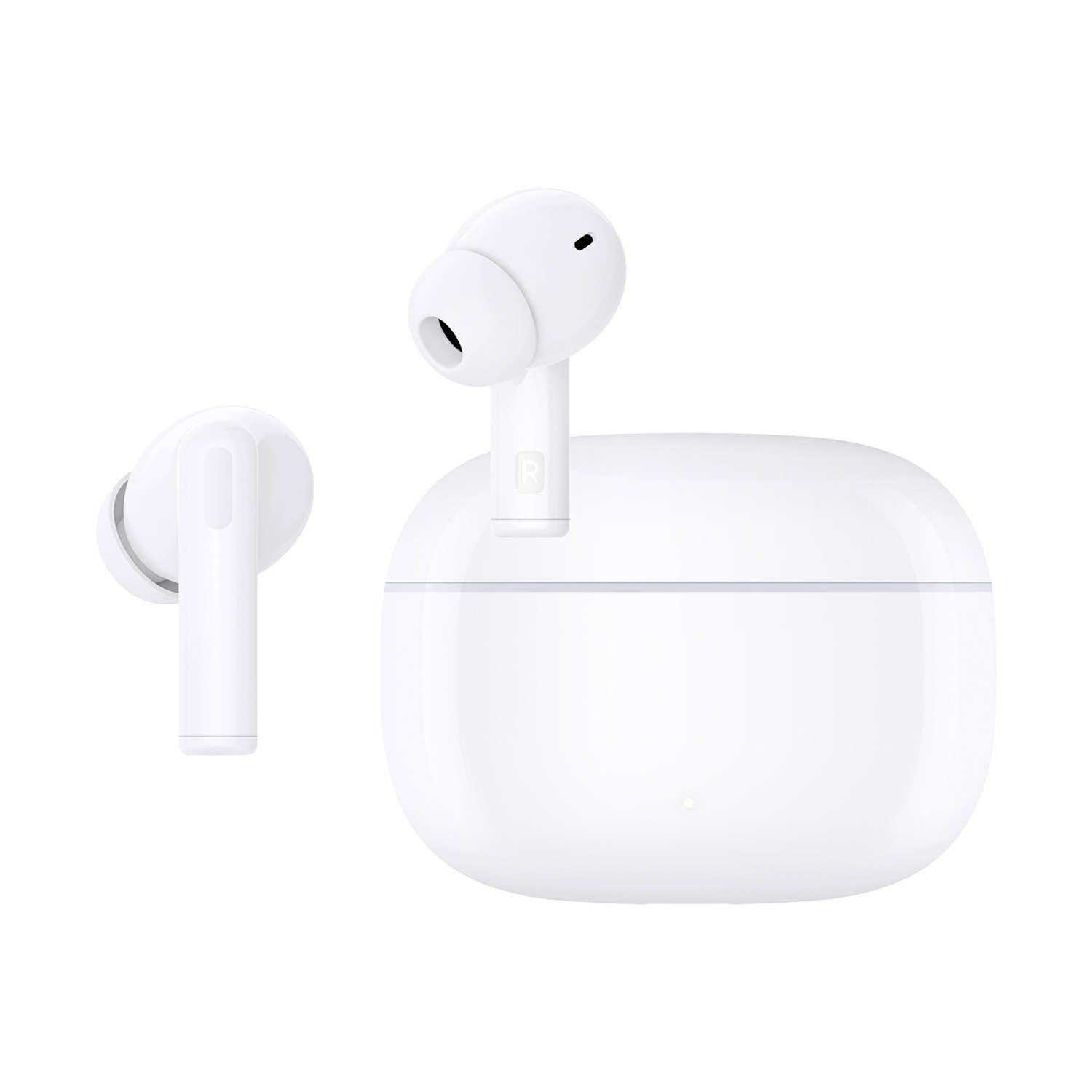 Auricolari wireless bianchi e custodia di ricarica su sfondo bianco. Un auricolare separato. La custodia è chiusa.