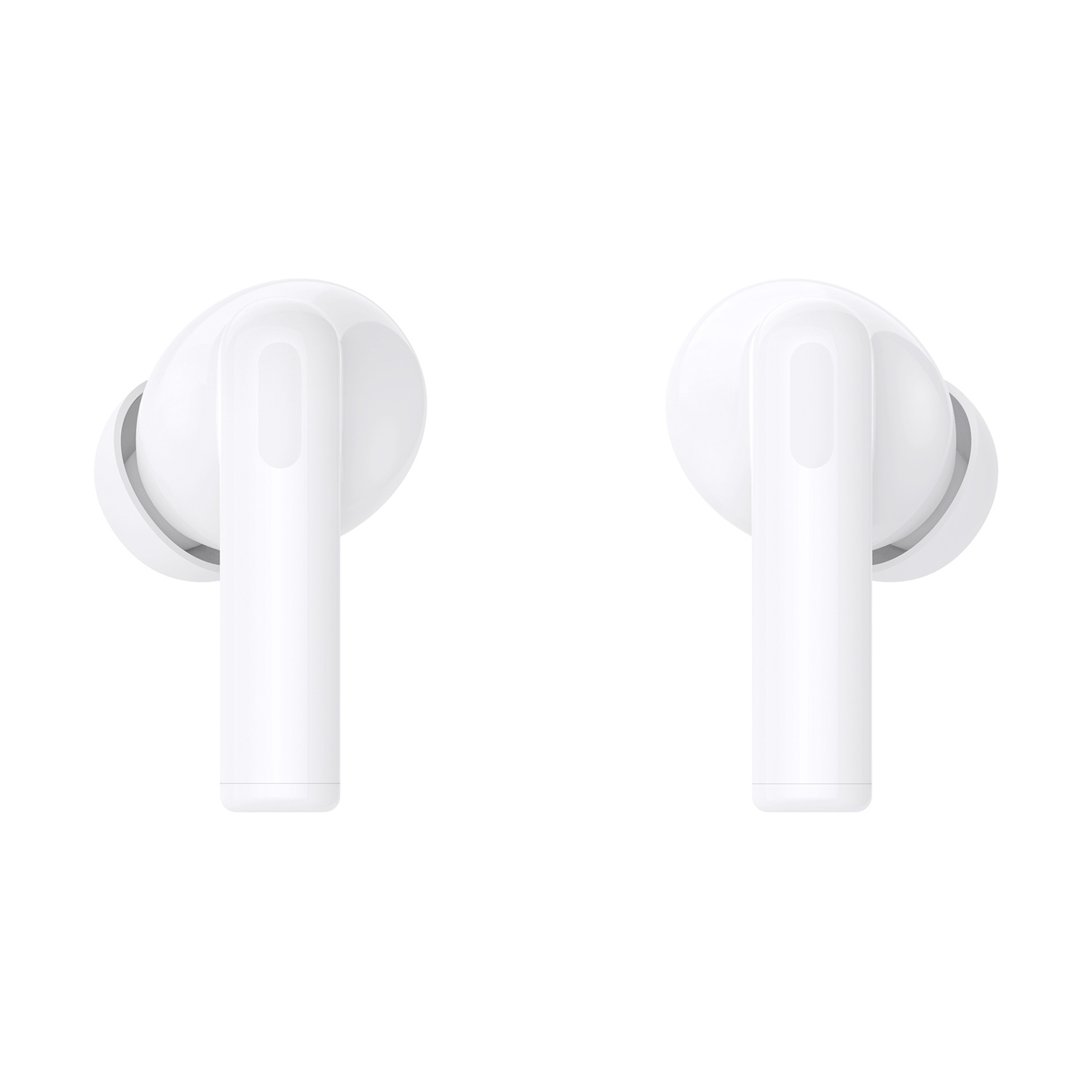 Due auricolari wireless bianchi su sfondo bianco. Ogni auricolare ha un corpo arrotondato e un gambo rettangolare.