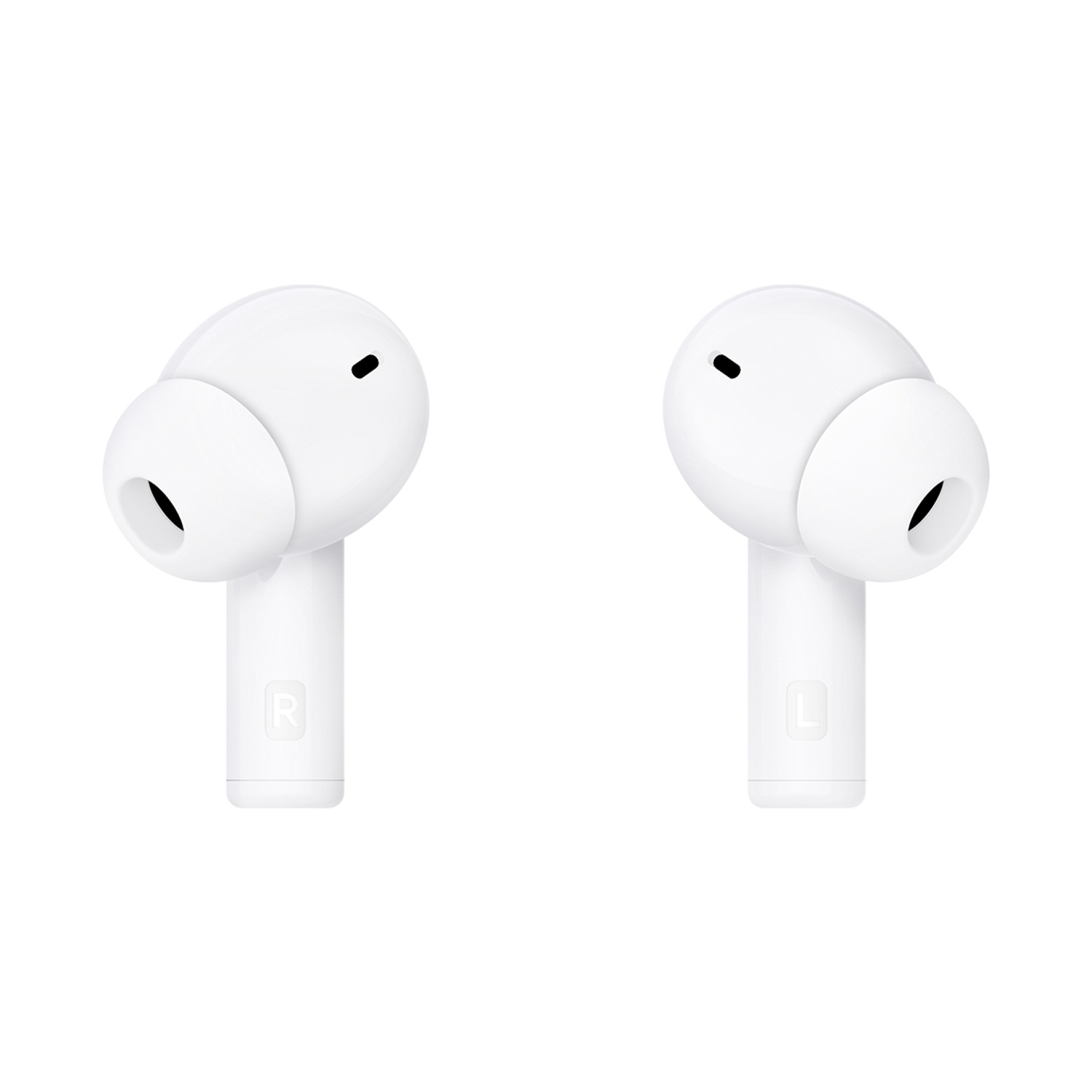 Due auricolari wireless bianche su sfondo bianco. Uno contrassegnato con 'R', l'altro con 'L'. Ognuno ha un'apertura nera per l'altoparlante.