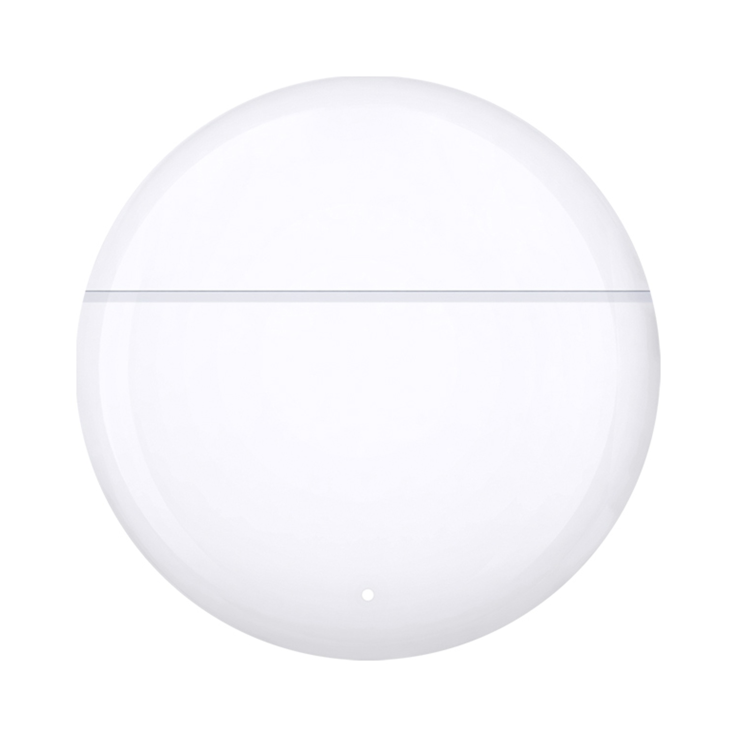Un oggetto bianco e circolare con una linea orizzontale al centro. Un piccolo punto in basso.
