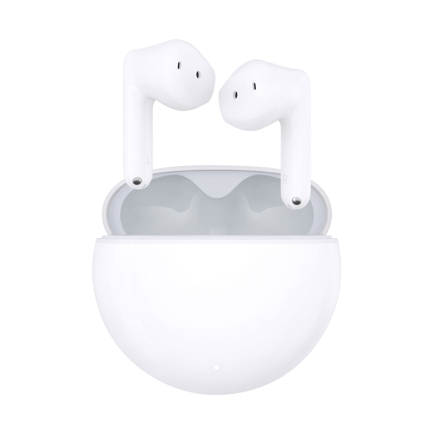 Auricolari wireless bianchi in una custodia di ricarica aperta. La custodia e gli auricolari sono bianchi. Gli auricolari sono in piedi.