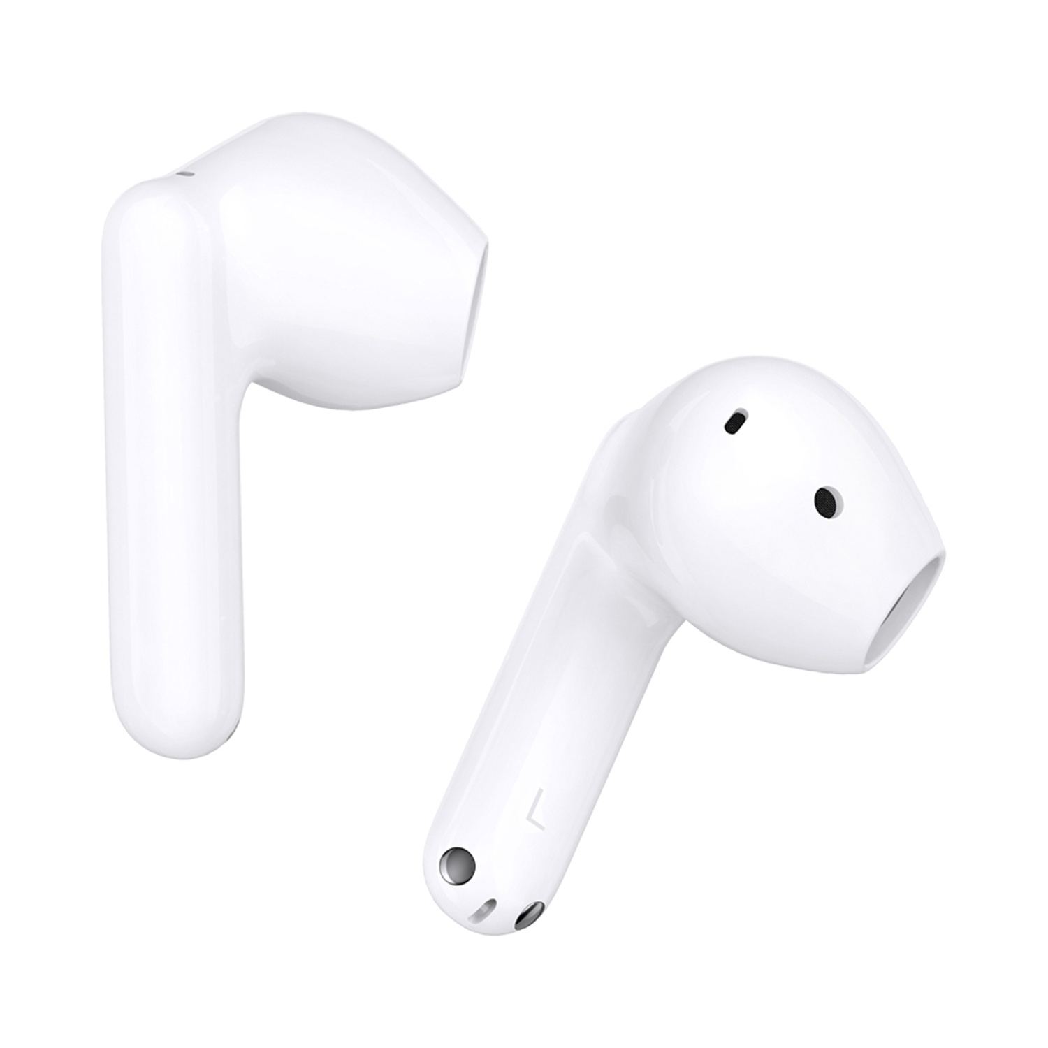 Due auricolari bianchi wireless su sfondo bianco. Uno mostra un marchio L. Entrambi hanno piccoli fori.