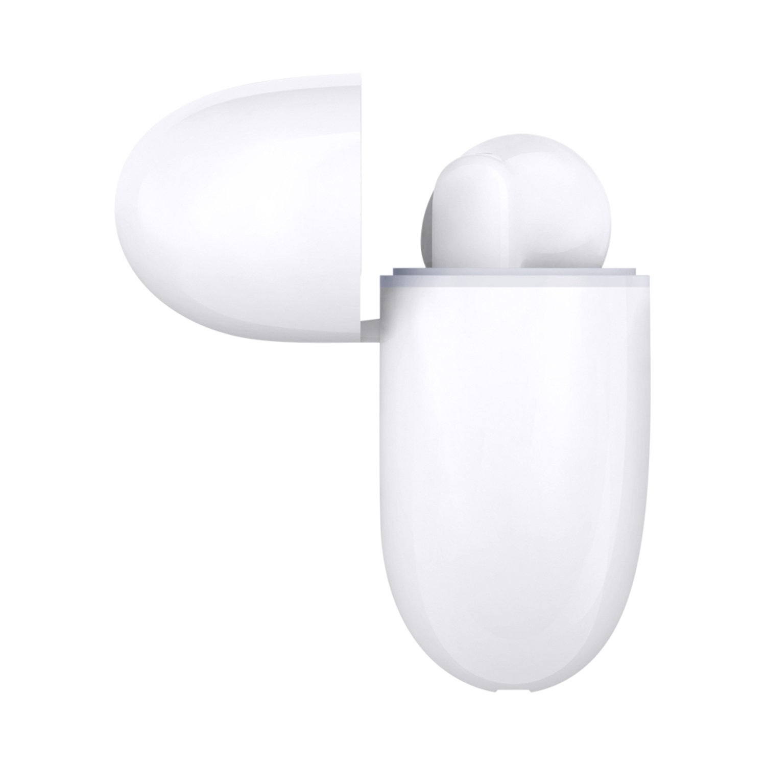 Auricolare bianco all'interno di un astuccio di ricarica bianco aperto. L'astuccio è di forma ovale. Il coperchio è aperto, rivelando l'auricolare.