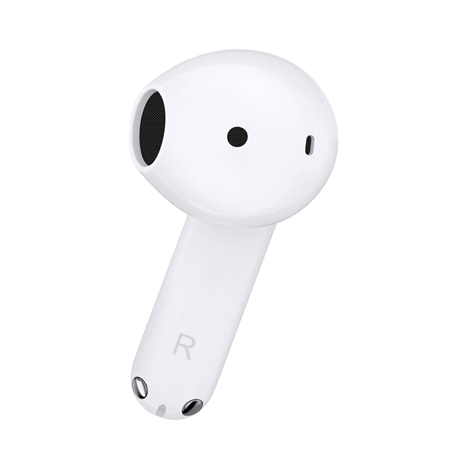 Un auricolare wireless bianco. Ha una parte superiore arrotondata con una griglia per l'altoparlante e un'asta con la lettera 'R'. Sono visibili punti neri.