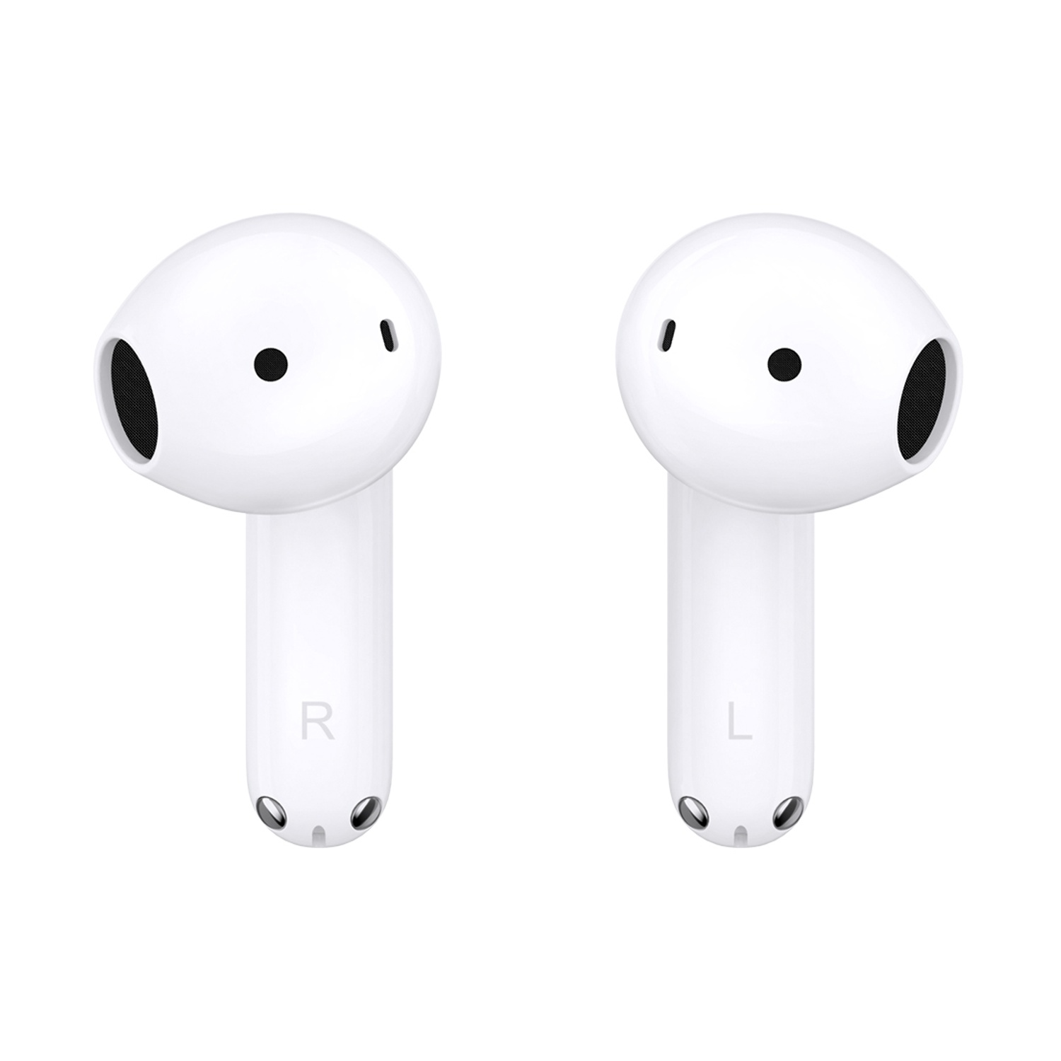 Due auricolari wireless bianchi. Quello destro ha una 'R', quello sinistro una 'L'. Entrambi hanno griglie nere per altoparlanti e piccoli fori.