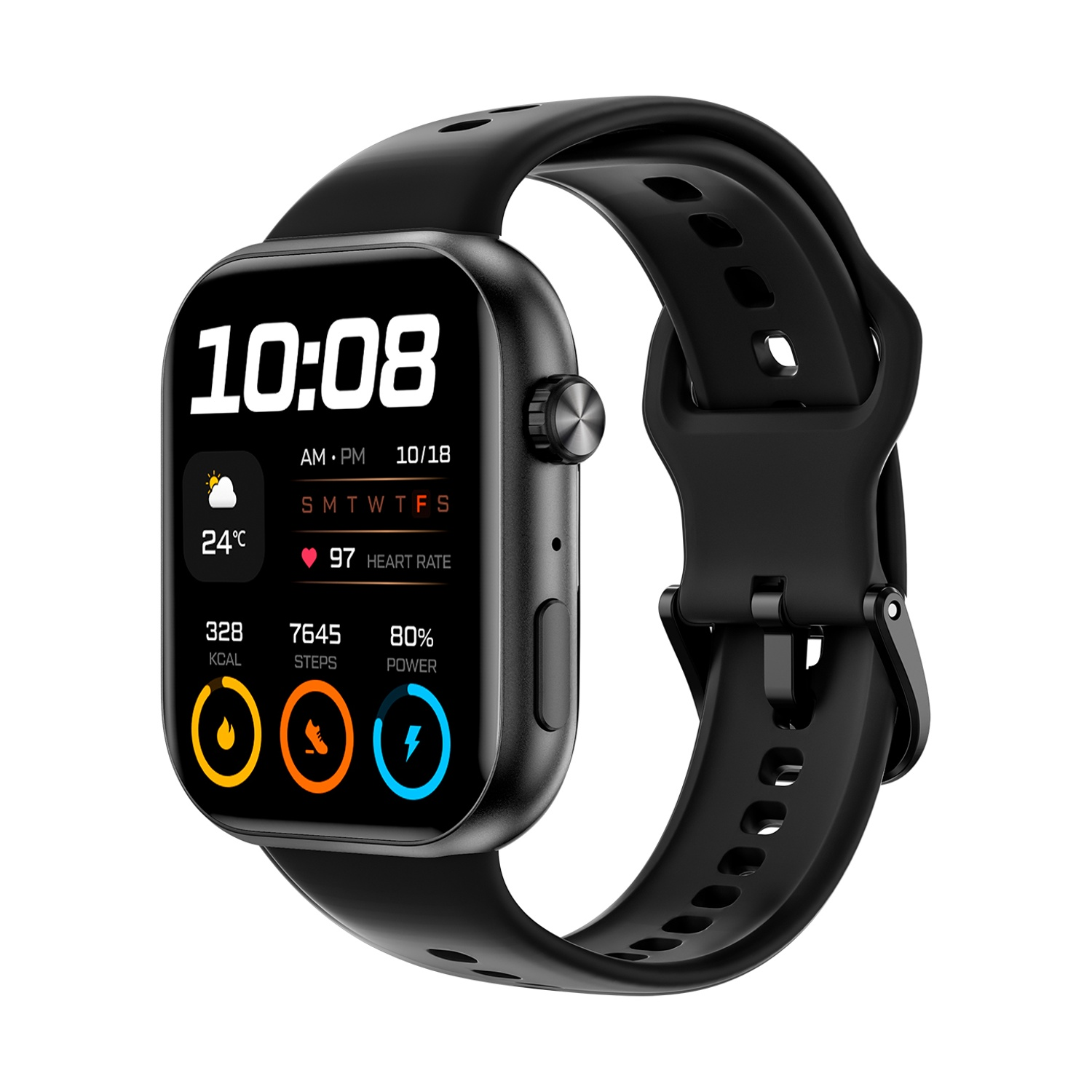 Uno smartwatch nero mostra ora, data e metriche di salute. Mostra meteo, frequenza cardiaca, calorie bruciate, passi e batteria.