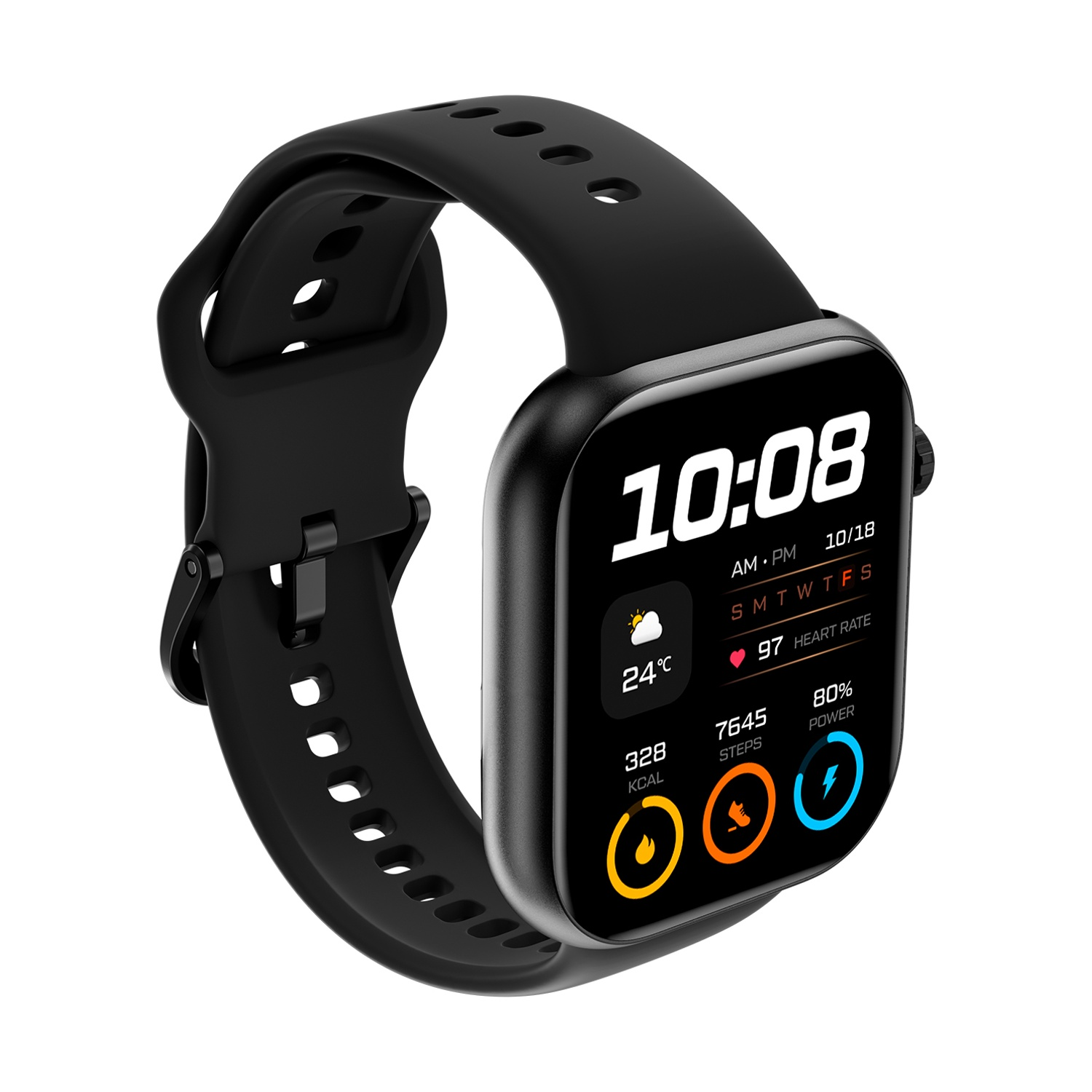 Smartwatch nero che mostra 10:08, frequenza cardiaca 97, passi 7645 e 80% di energia. Lo schermo mostra data, ora e altri dati.