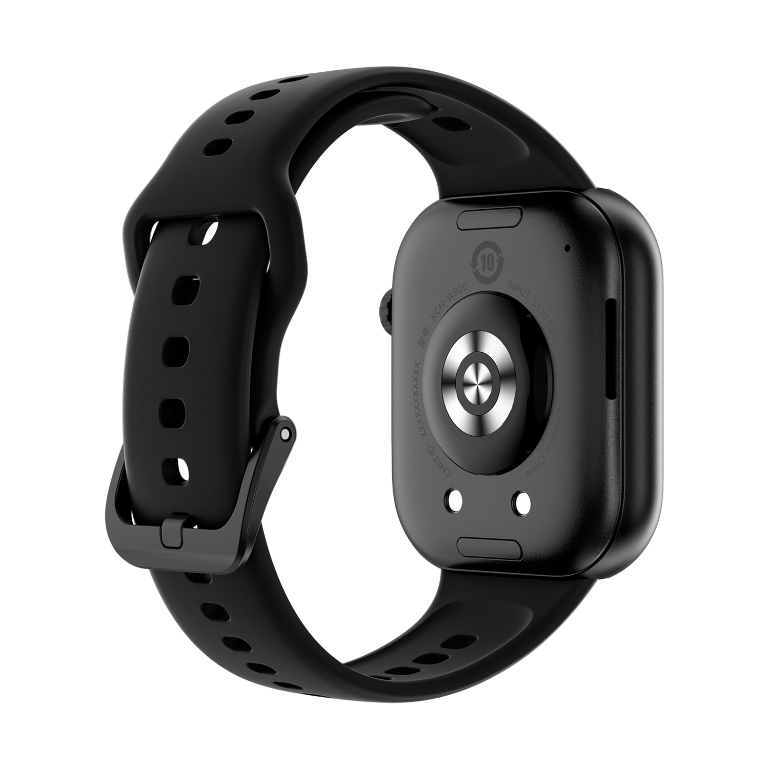 Uno smartwatch nero su sfondo bianco. L'orologio ha una cassa quadrata e un cinturino nero. Dettagli includono testo e sensore posteriore.