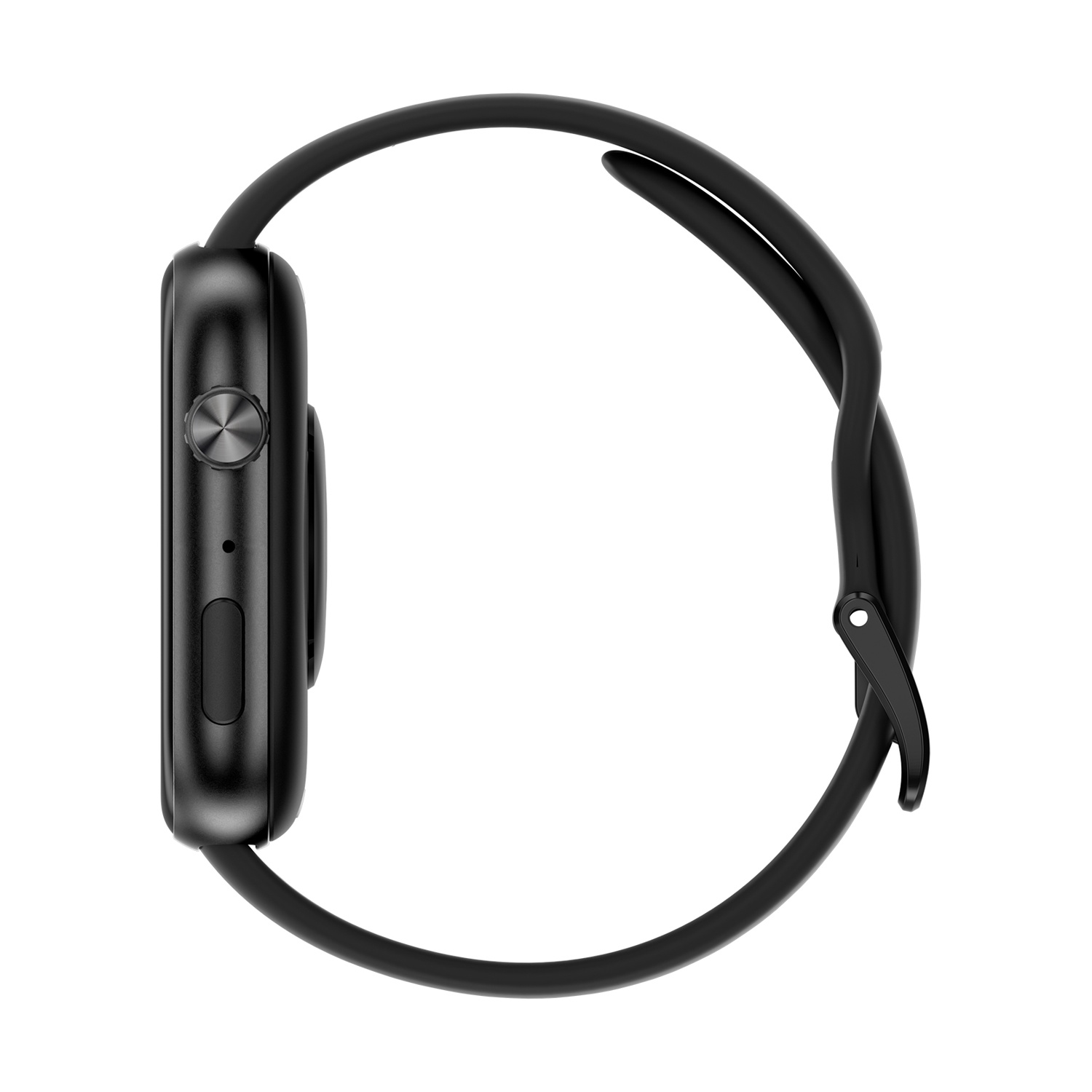 Smartwatch nero su sfondo bianco. L'orologio mostra il suo profilo laterale, con il cinturino che forma un anello.