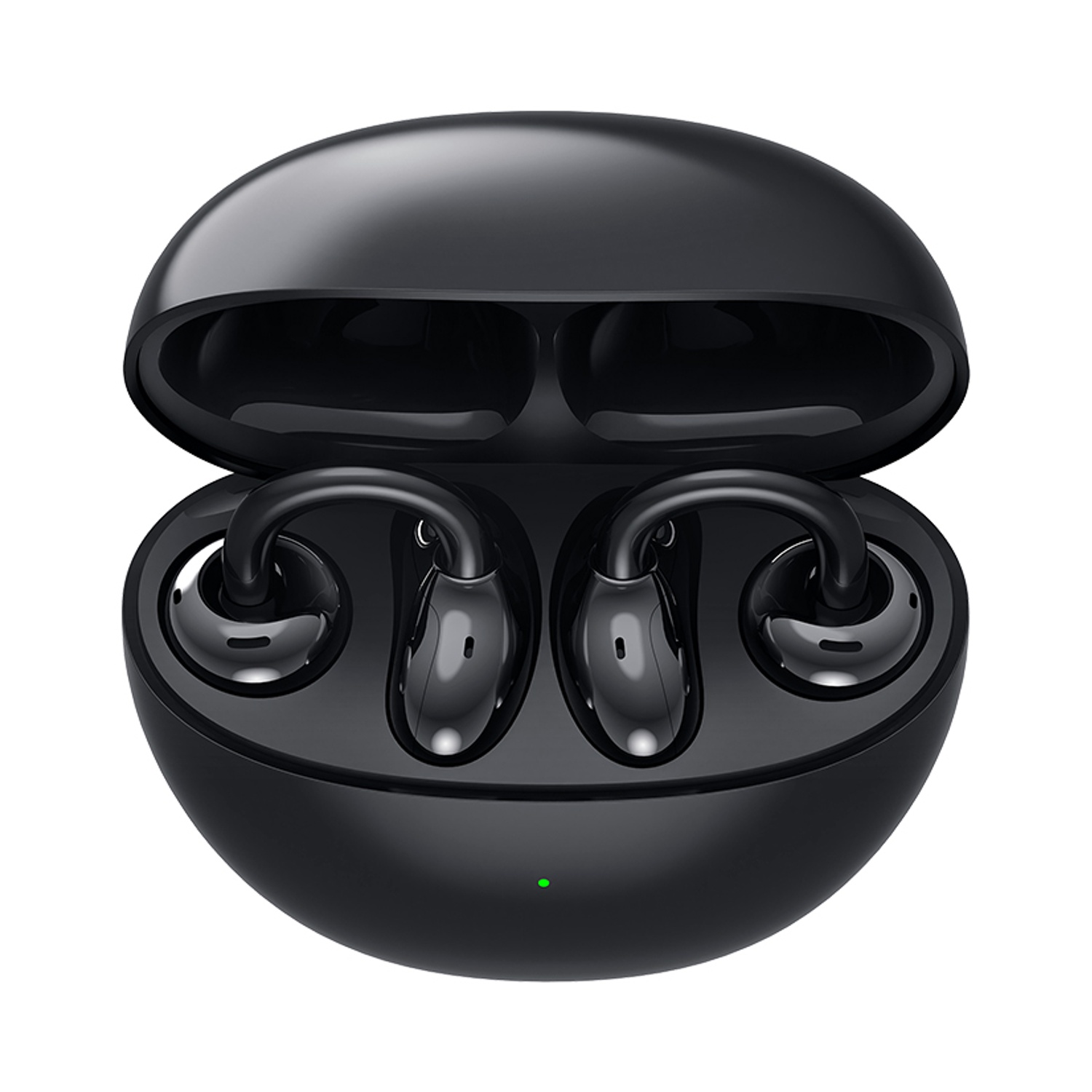 Custodia nera aperta per auricolari con due auricolari all'interno. Una luce verde è visibile. La custodia è su sfondo bianco.