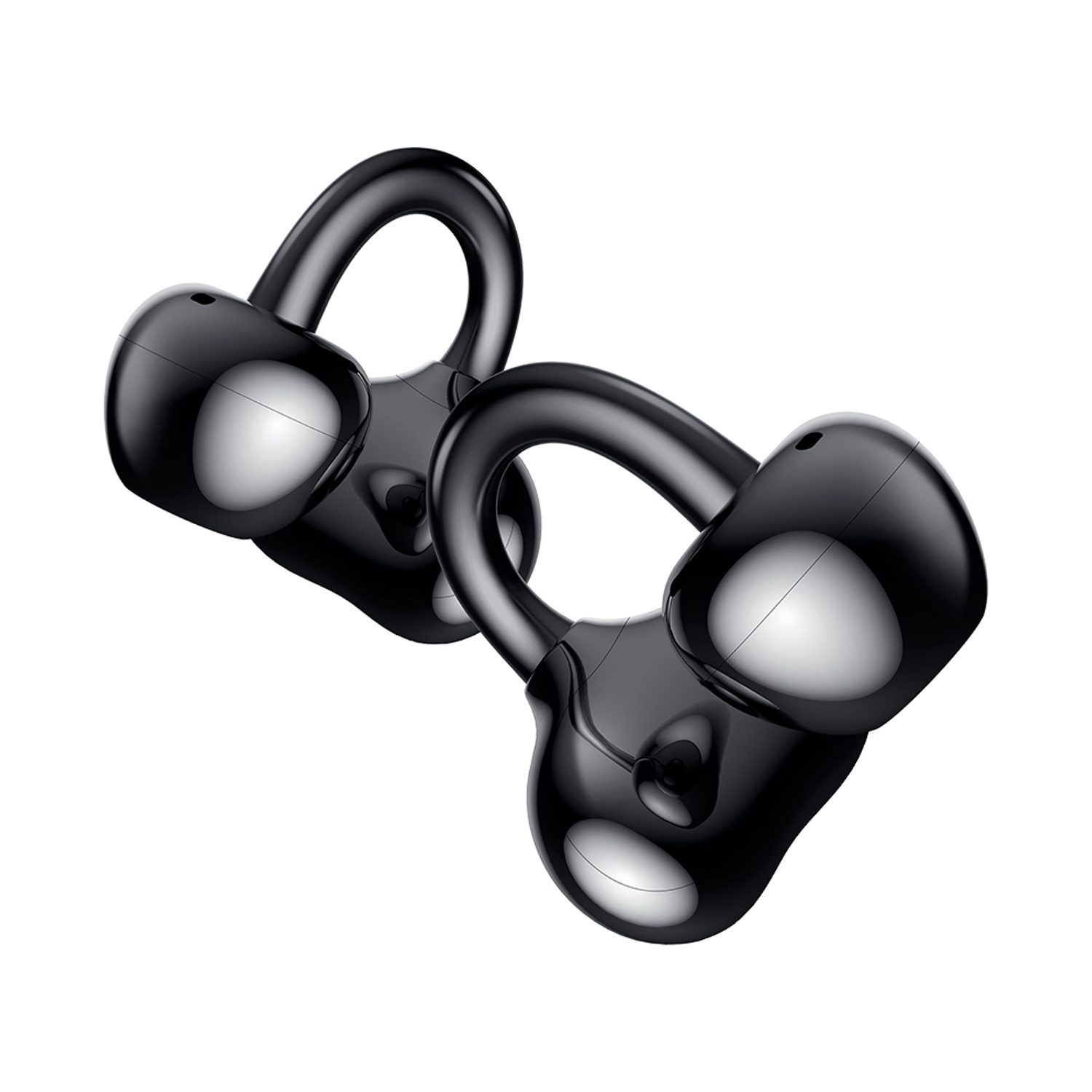 Due auricolari neri lucidi con ganci curvi per l'orecchio sono mostrati su sfondo bianco. Gli auricolari sono simmetrici e sembrano renderizzati in 3D.