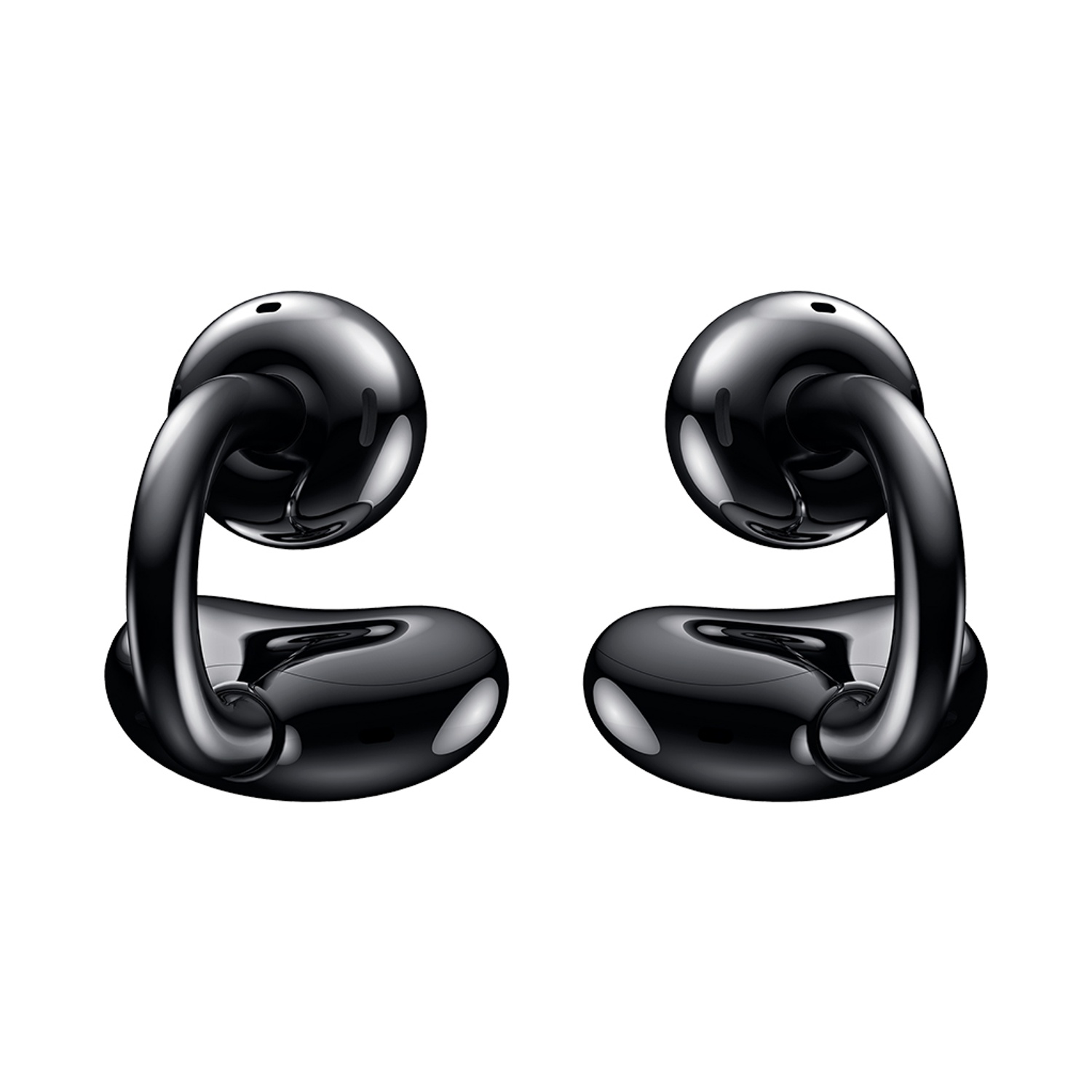 Due auricolari neri lucidi su sfondo bianco. Ognuno ha una parte superiore arrotondata e un design curvo a forma di gancio.