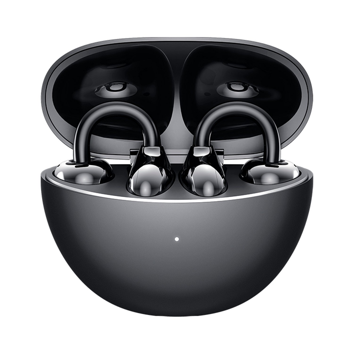 Auricolari wireless neri in una custodia di ricarica. La custodia è aperta, rivelando gli auricolari. Sfondo bianco.