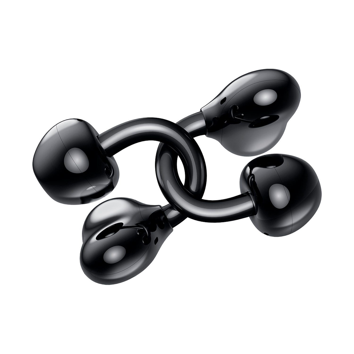 Quattro forme nere lucide interconnesse su sfondo bianco. Sono disposte in un design ad anello, intrecciato.