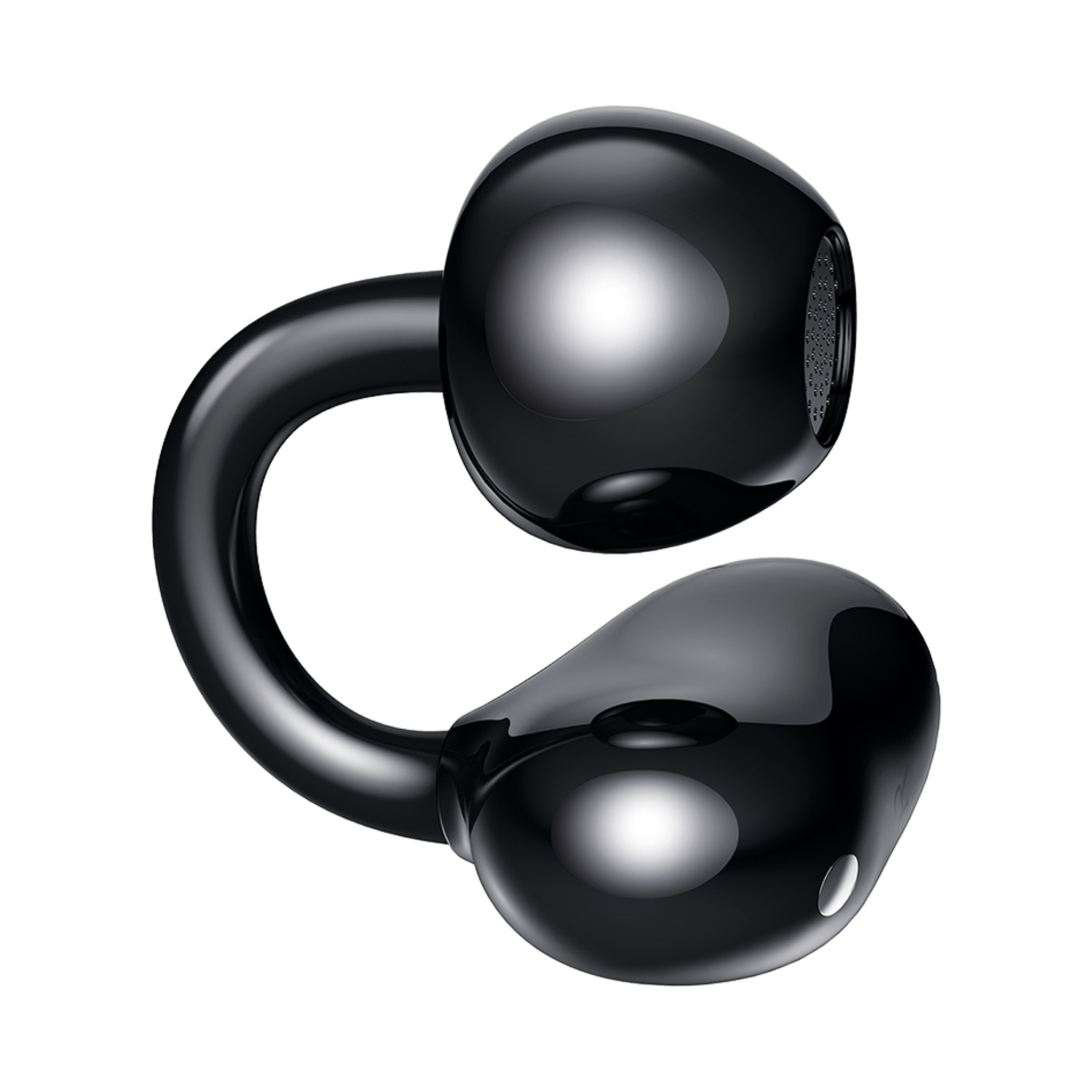 Design di auricolari neri e lucidi. Due componenti arrotondati, simili ad auricolari, sono collegati da un gambo nero curvo. Sfondo bianco.