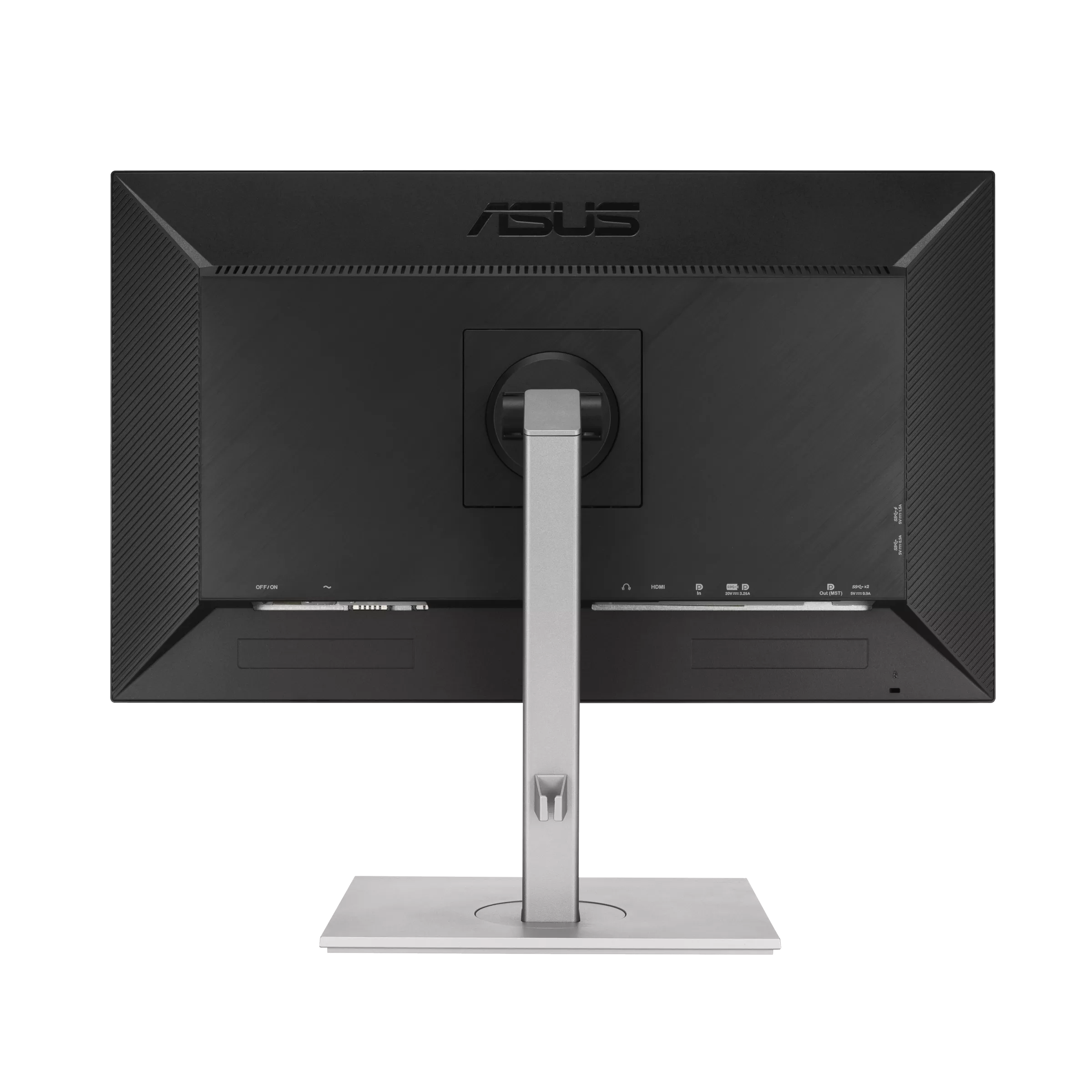 Siyah bir ASUS monitörün arkası. Gümüş bir standı ve tabanı var. Çeşitli bağlantı noktaları görünür.