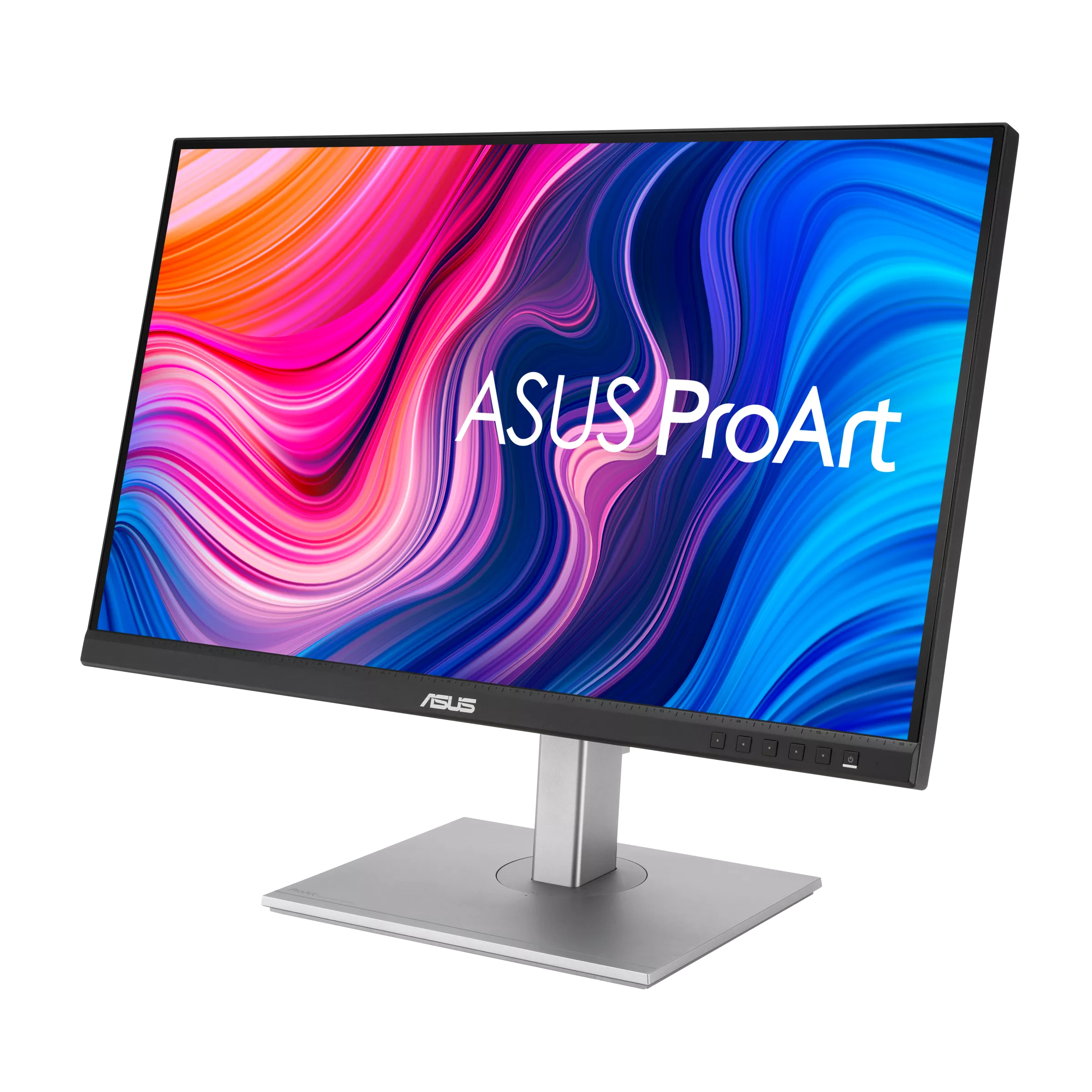 ASUS ProArt monitör. Ekran renkli soyut sanat gösteriyor. Gümüş stand ve siyah çerçeve siyah zemin üzerinde.