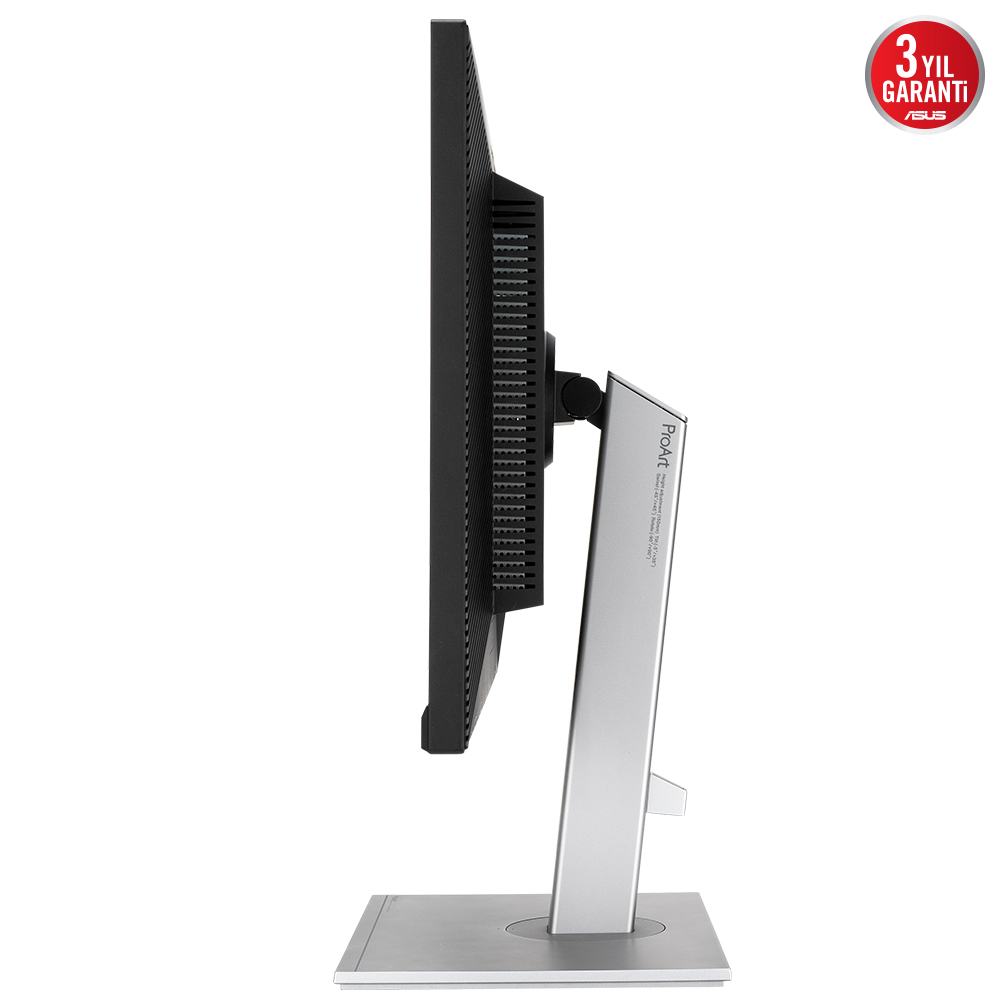 Bir bilgisayar monitörünün yandan görünümü. Siyah, gümüş ve gridir. Monitör bir stand üzerinde duruyor. Bir garanti rozeti sağ üstte.