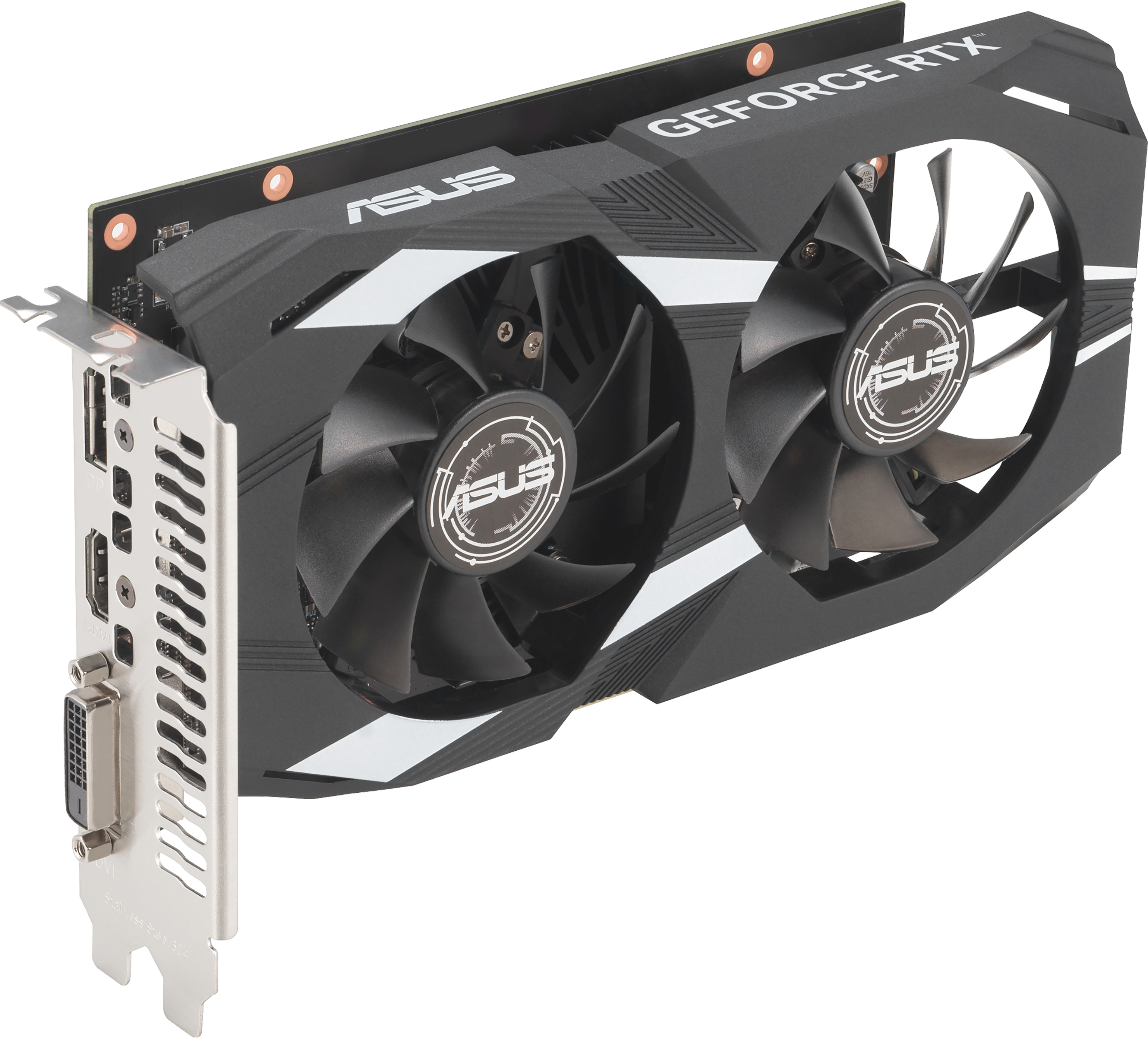 Eine schwarze und graue Asus GeForce RTX Grafikkarte mit zwei Lüftern und weißen Akzenten, isoliert auf Weiß.