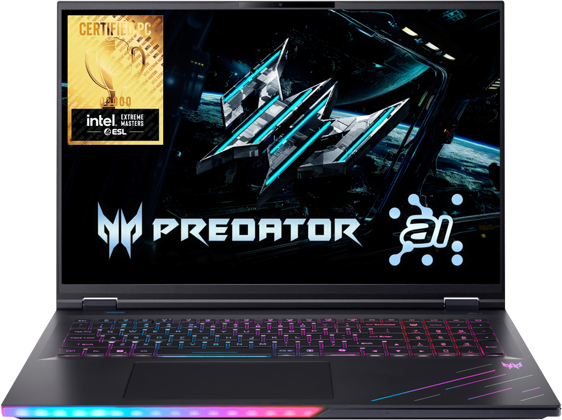 Ein Predator-Laptop mit bunter Tastatur, Bildschirm mit Weltraumszene und einem 'Certified PC'-Aufkleber.
