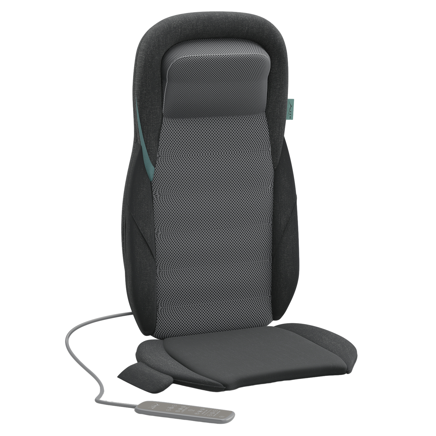 Un fauteuil de massage gris avec une télécommande et un fond noir. Le fauteuil a un dossier en maille et un appuie-tête.