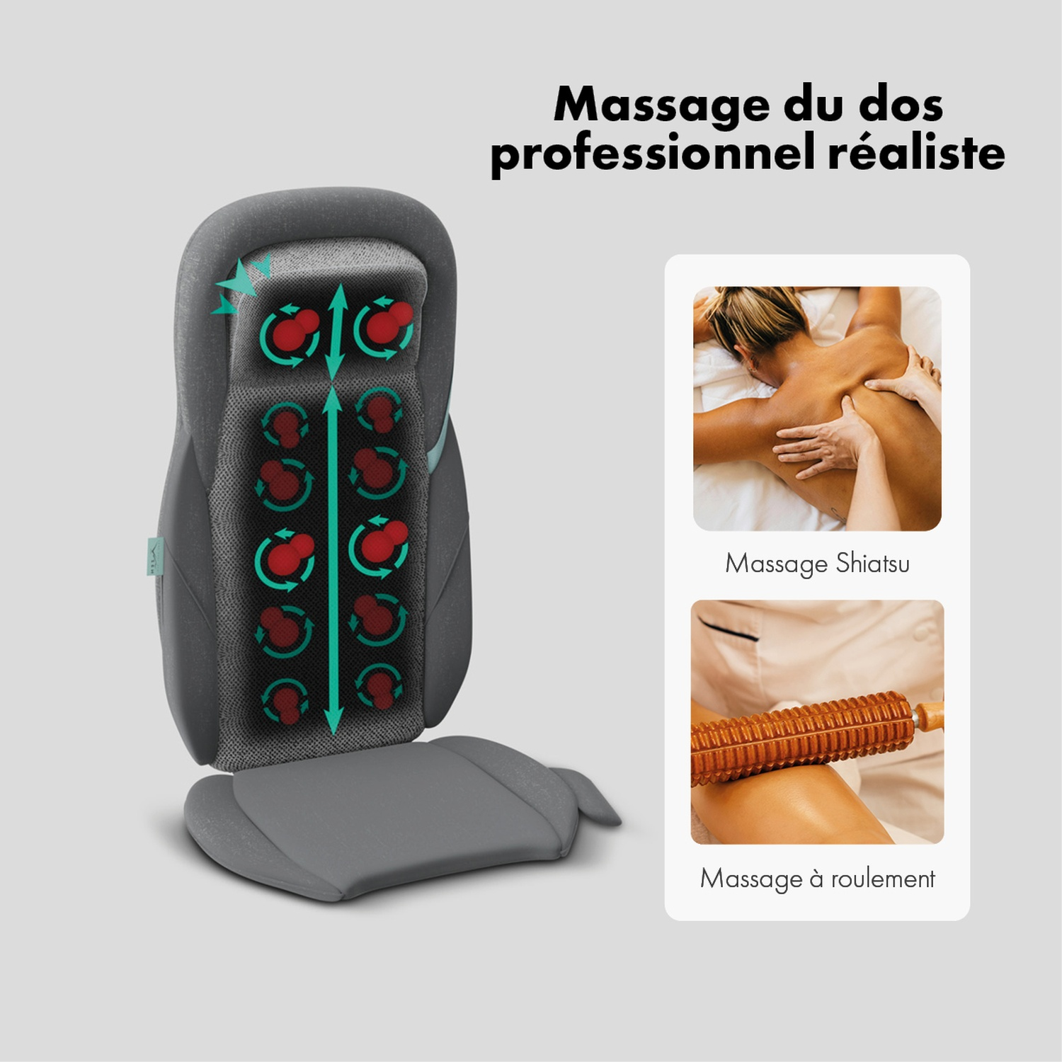 Illustration d'un masseur de dos, avec des images de techniques de massage et du texte en français.