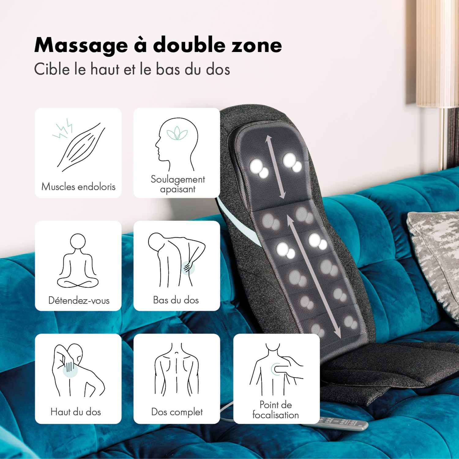 Un dossier de fauteuil de massage avec des lumières blanches sur un canapé bleu, des illustrations montrent les muscles du dos, la tête, une personne méditant, mal de dos, etc.