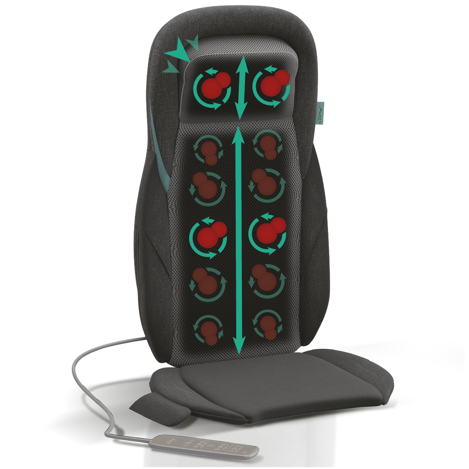 Un fauteuil de massage gris avec des flèches indiquant les actions de massage. Il a une télécommande et des points de massage circulaires rouges.