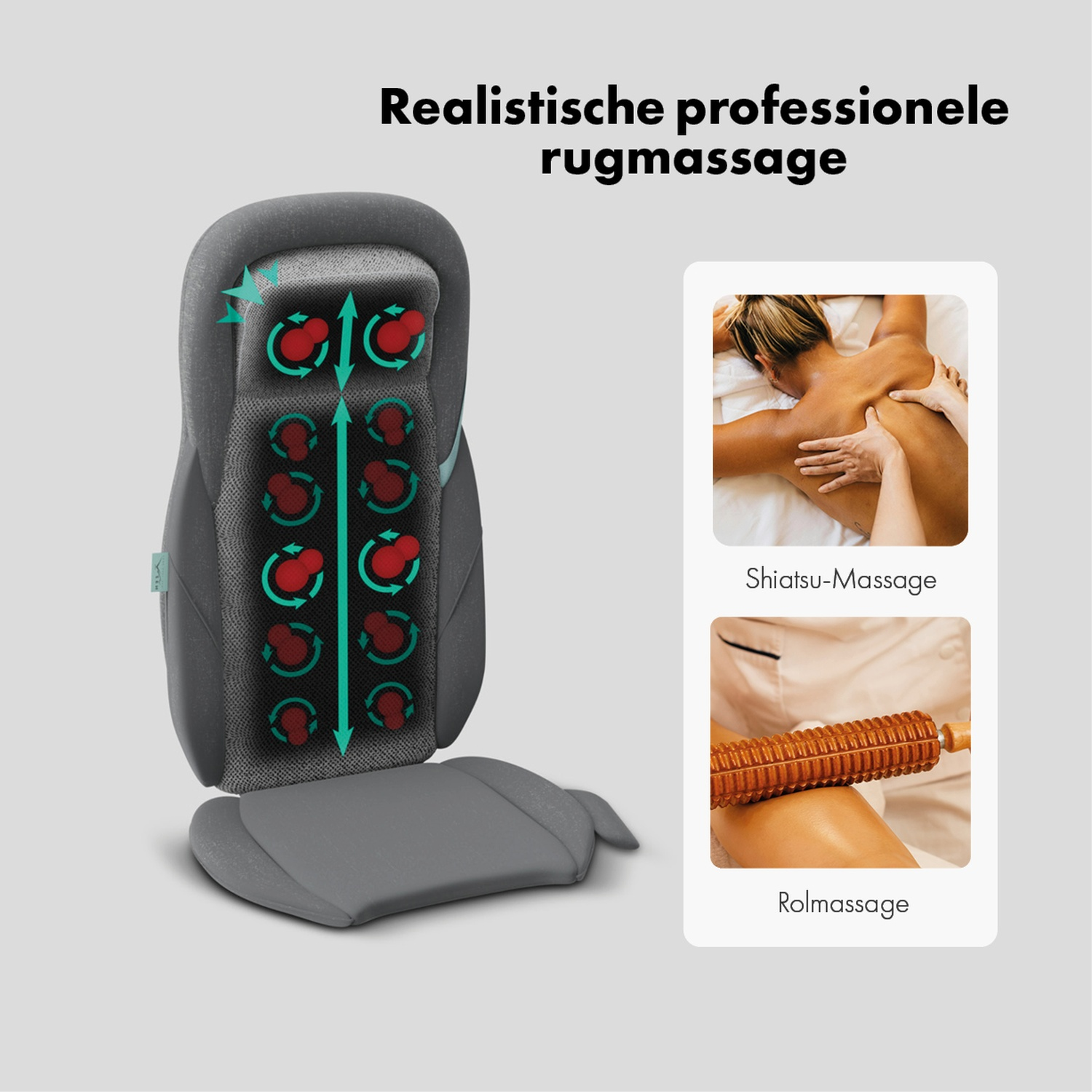 Une image montre une chaise de massage grise, avec des schémas, et deux types de massage : Shiatsu et Rolmassage. Le texte dit 'Massage du dos professionnel réaliste'.