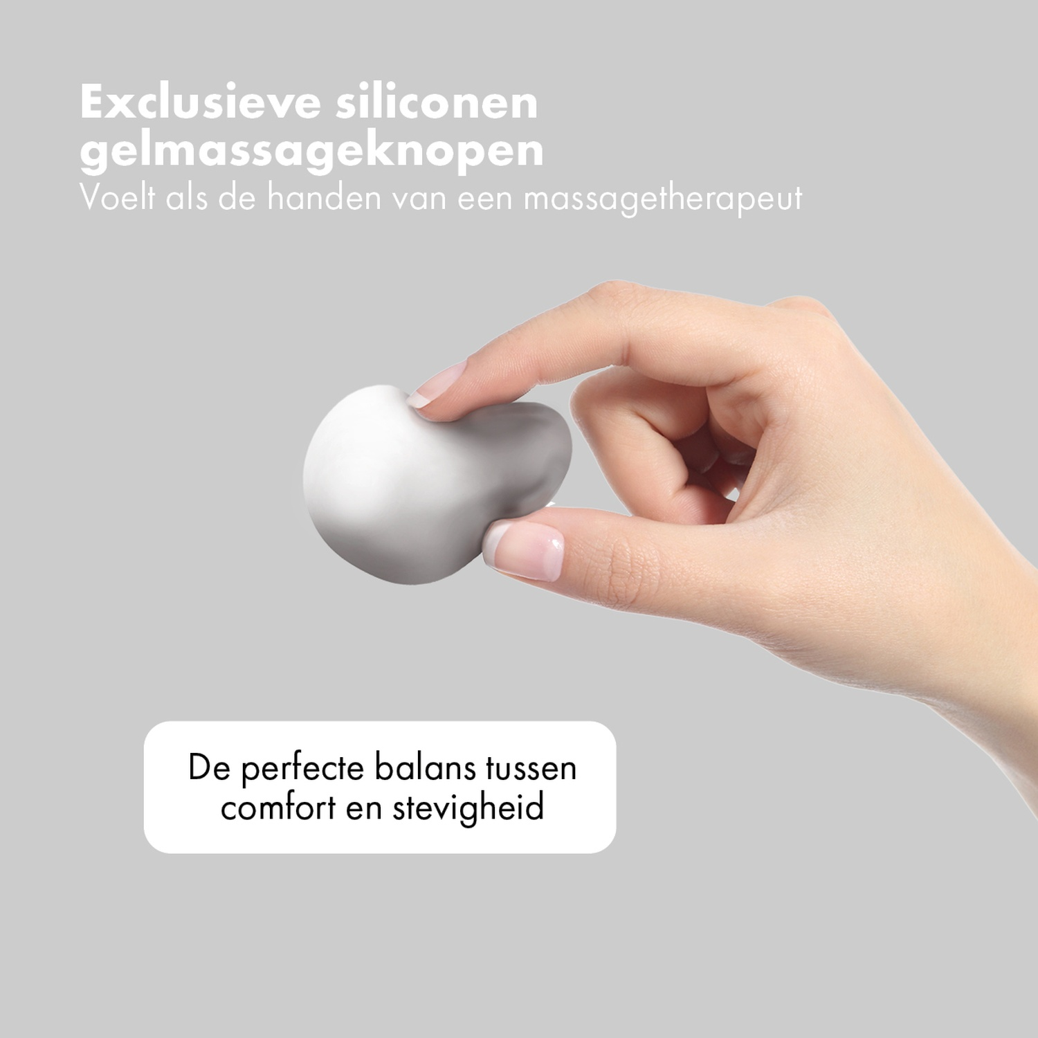 Une main tient un outil de massage blanc et arrondi. Le texte sur l'image dit 'Boutons de massage en gel de silicone exclusifs' et 'Équilibre parfait'.