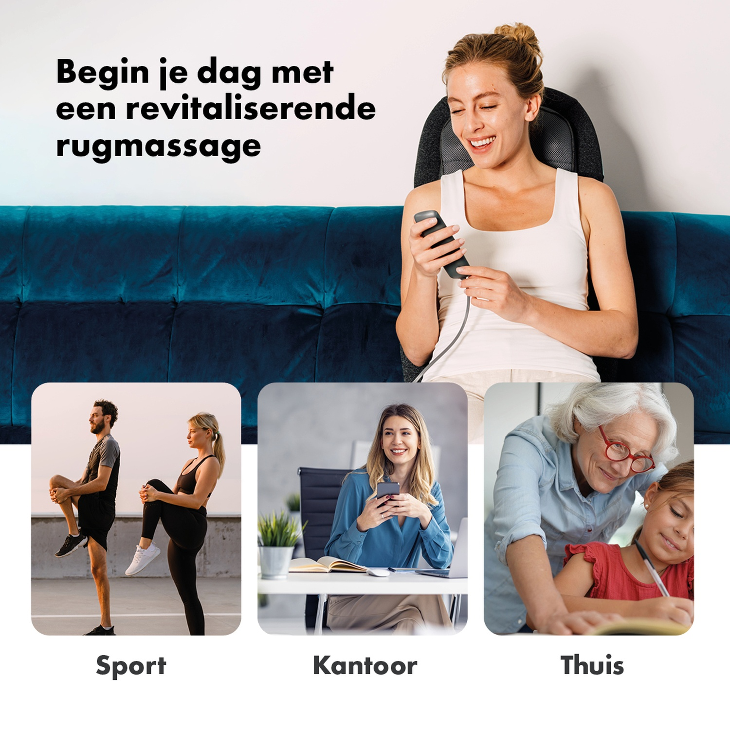 Une femme sourit en utilisant un appareil. En dessous, des images de personnes faisant de l'exercice, au bureau et à la maison, avec des étiquettes de texte.