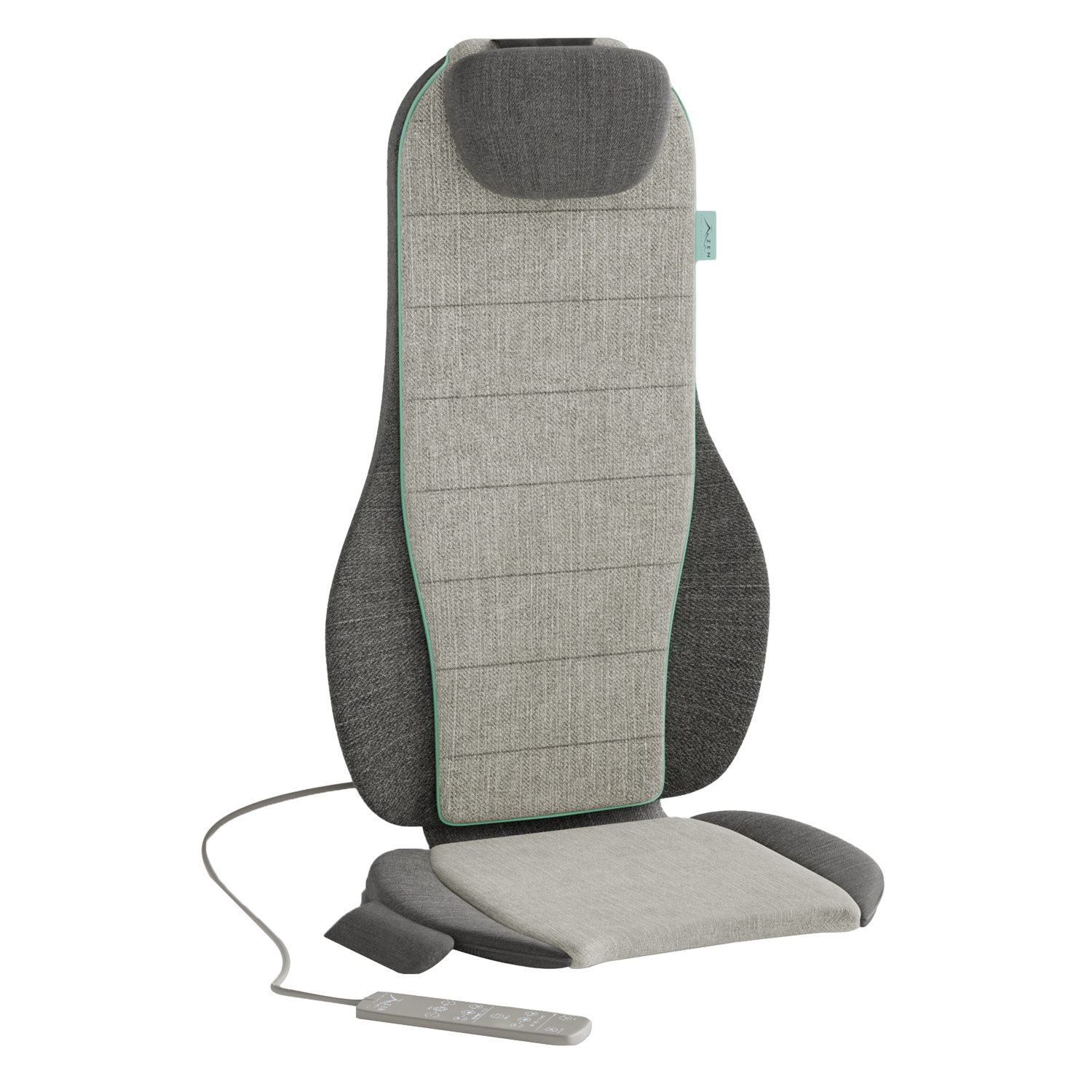 Un fauteuil de massage gris avec une télécommande sur fond noir. Il a un appui-tête, un dossier et une assise. Une bordure vert clair souligne le dossier.