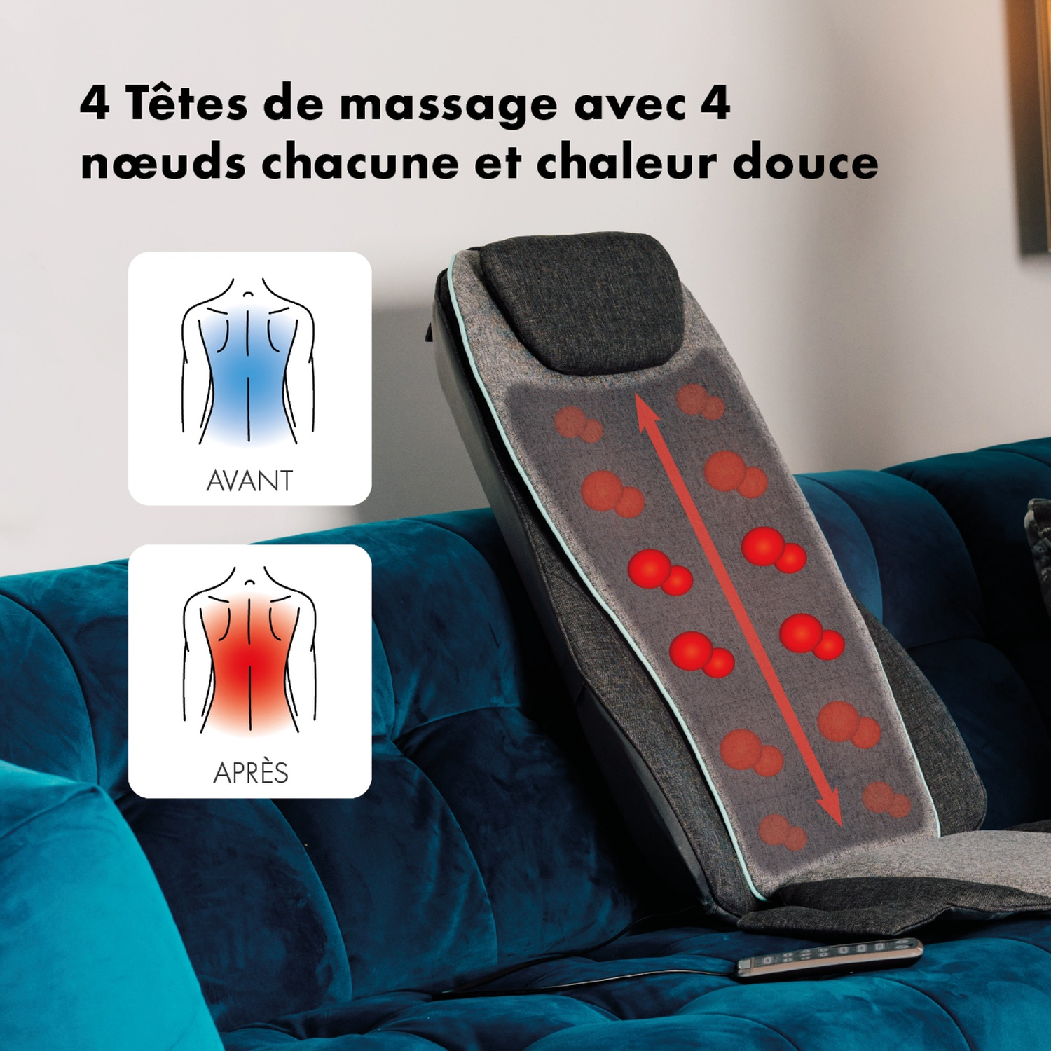 Chaise de massage avec des nœuds de massage rouges sur un coussin gris. Les schémas montrent les effets du massage avant et après. La chaise est sur un canapé bleu.