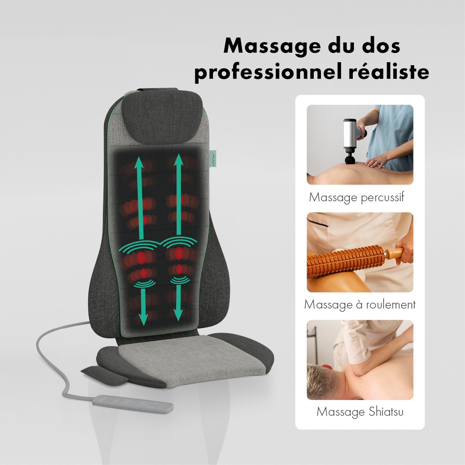 Un fauteuil de massage avec des illustrations de types de massage. Le texte dit : massage du dos réaliste professionnel. Massage percussif, roulant et Shiatsu.
