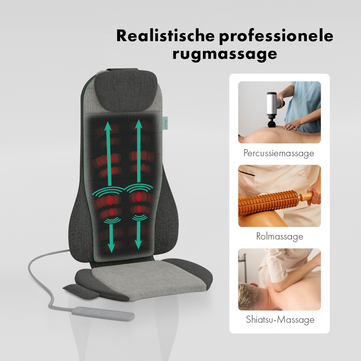 Un fauteuil de massage avec une télécommande, avec des schémas de différents types de massage : percussion, rouleau et shiatsu. Texte : 'massage du dos professionnel'.