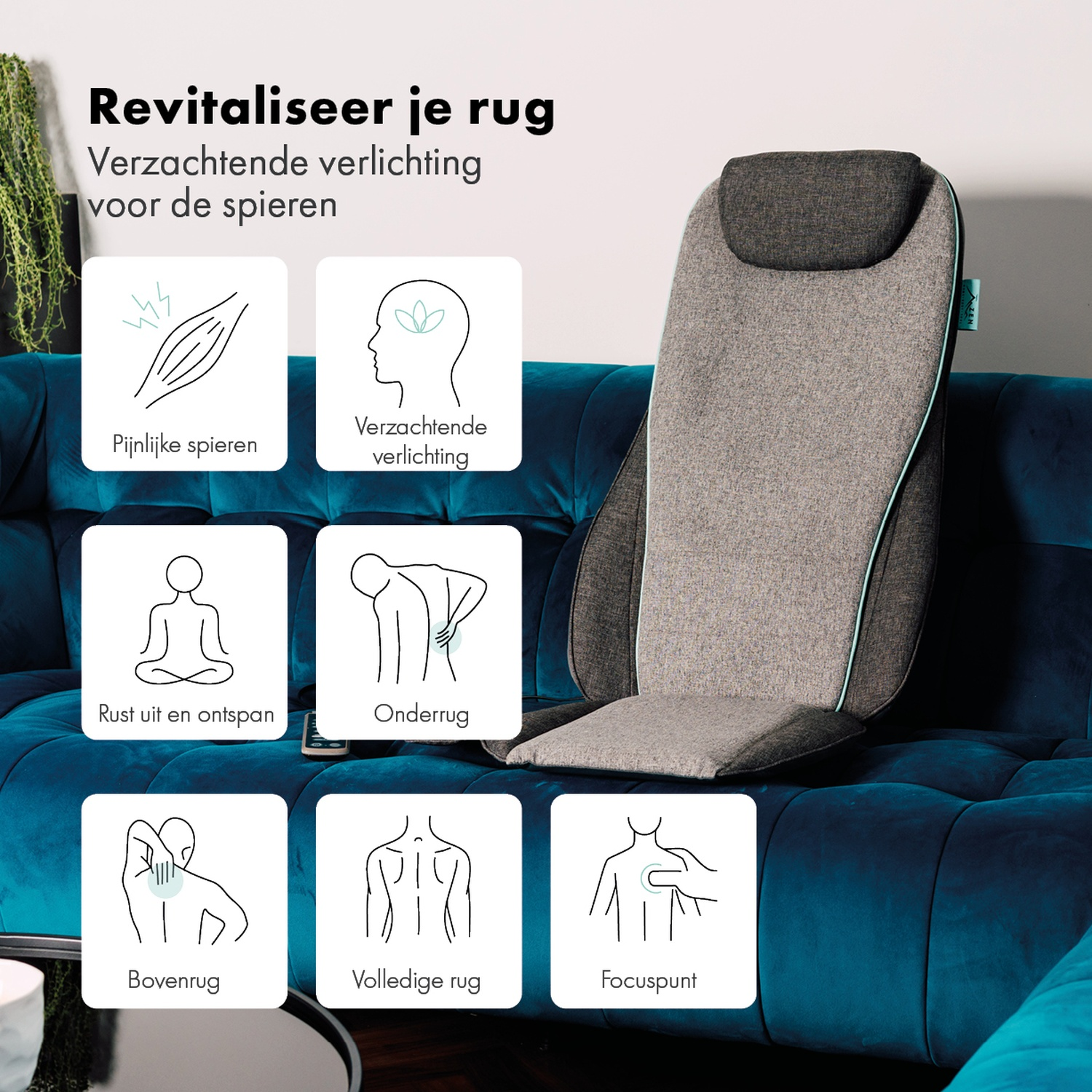 Une image montrant un fauteuil de massage sur un canapé bleu avec des icônes représentant les avantages comme le soulagement de la douleur et la relaxation.