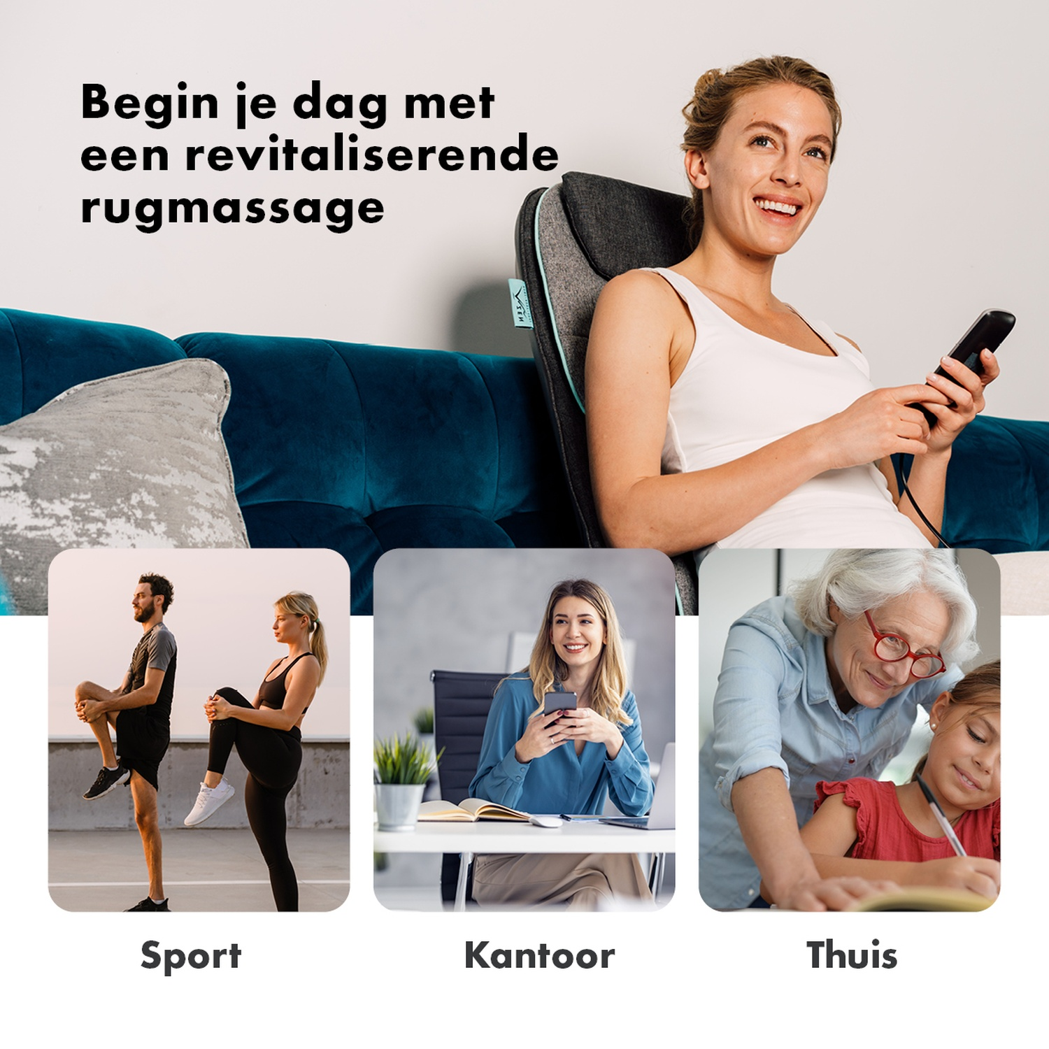 Femme utilisant un fauteuil de massage, souriante. Autres images: personnes faisant de l'exercice, femme au bureau, grand-mère avec fille.